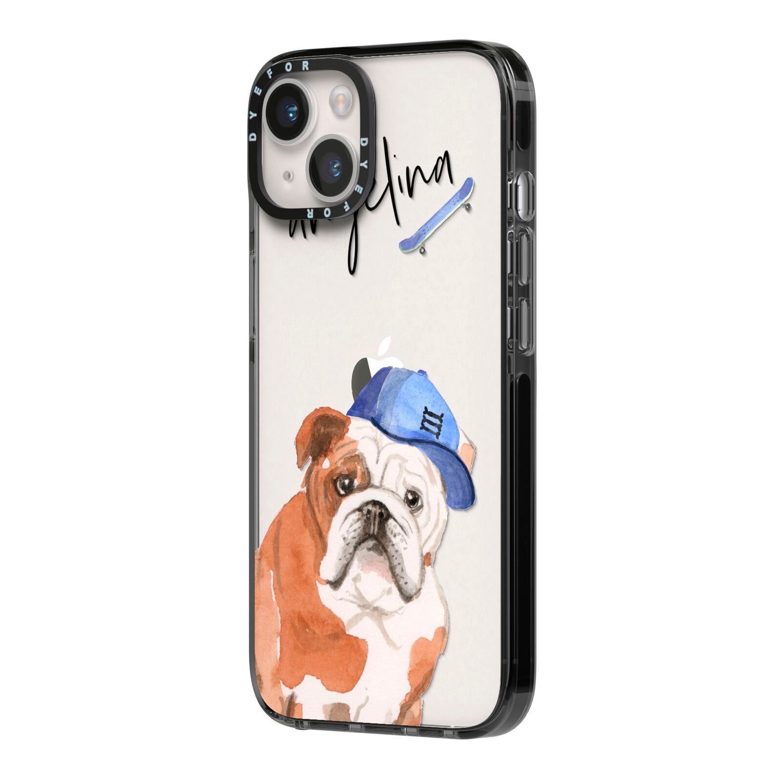Personalised English Bulldog iPhone 14 Black Impact Case Side Angle on Silver phone
