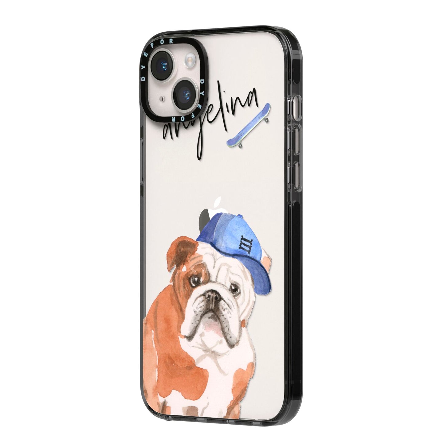 Personalised English Bulldog iPhone 14 Plus Black Impact Case Side Angle on Silver phone