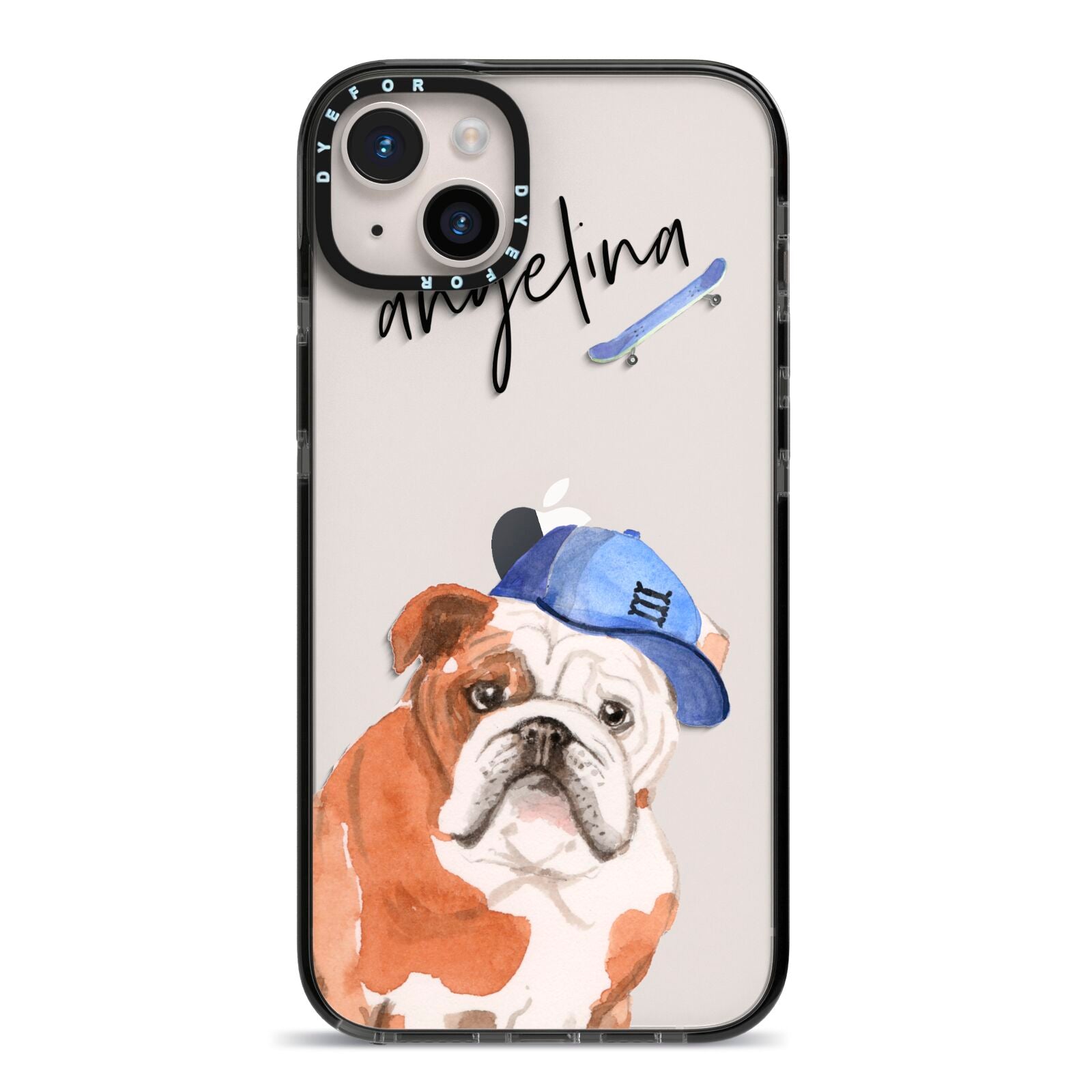 Personalised English Bulldog iPhone 14 Plus Black Impact Case on Silver phone