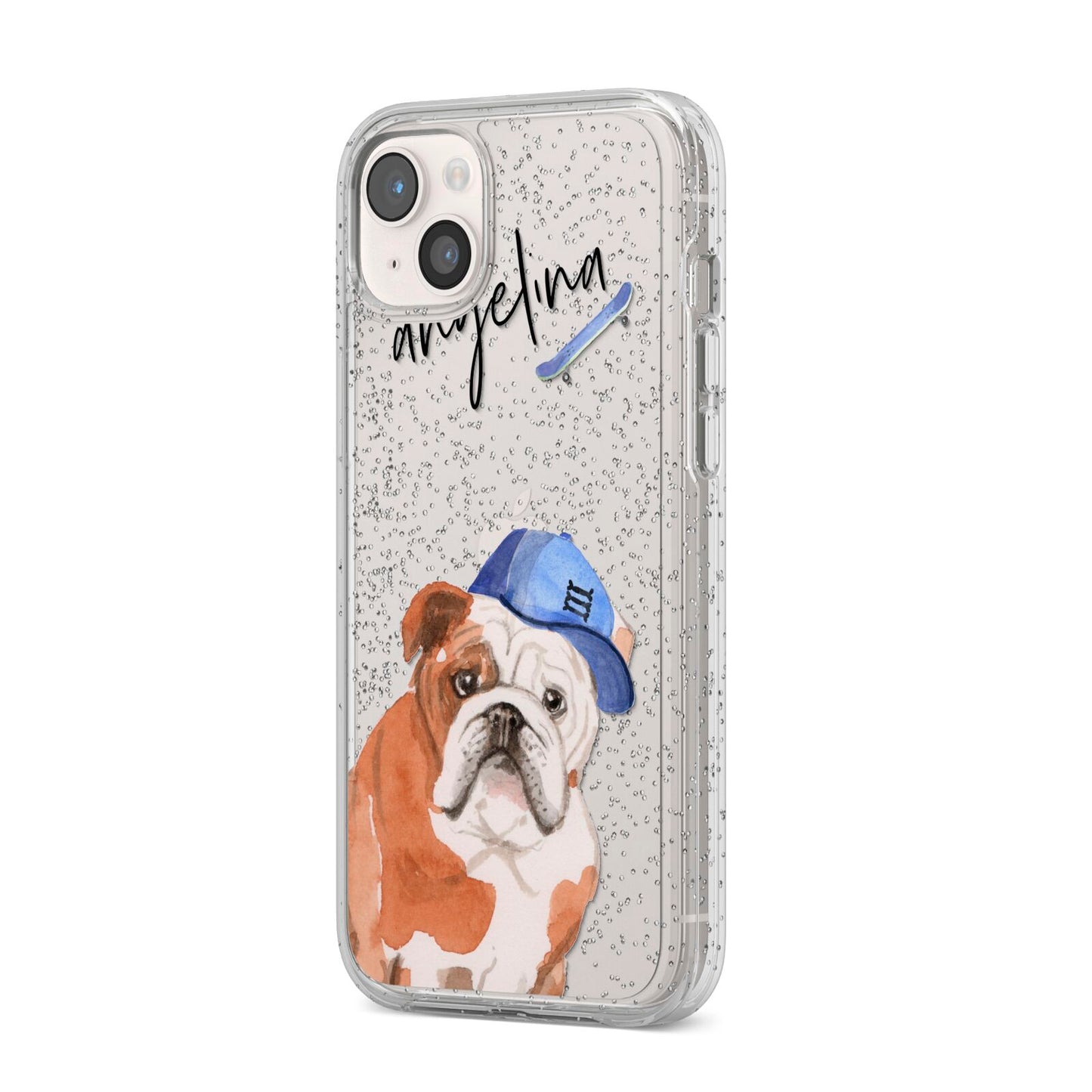 Personalised English Bulldog iPhone 14 Plus Glitter Tough Case Starlight Angled Image