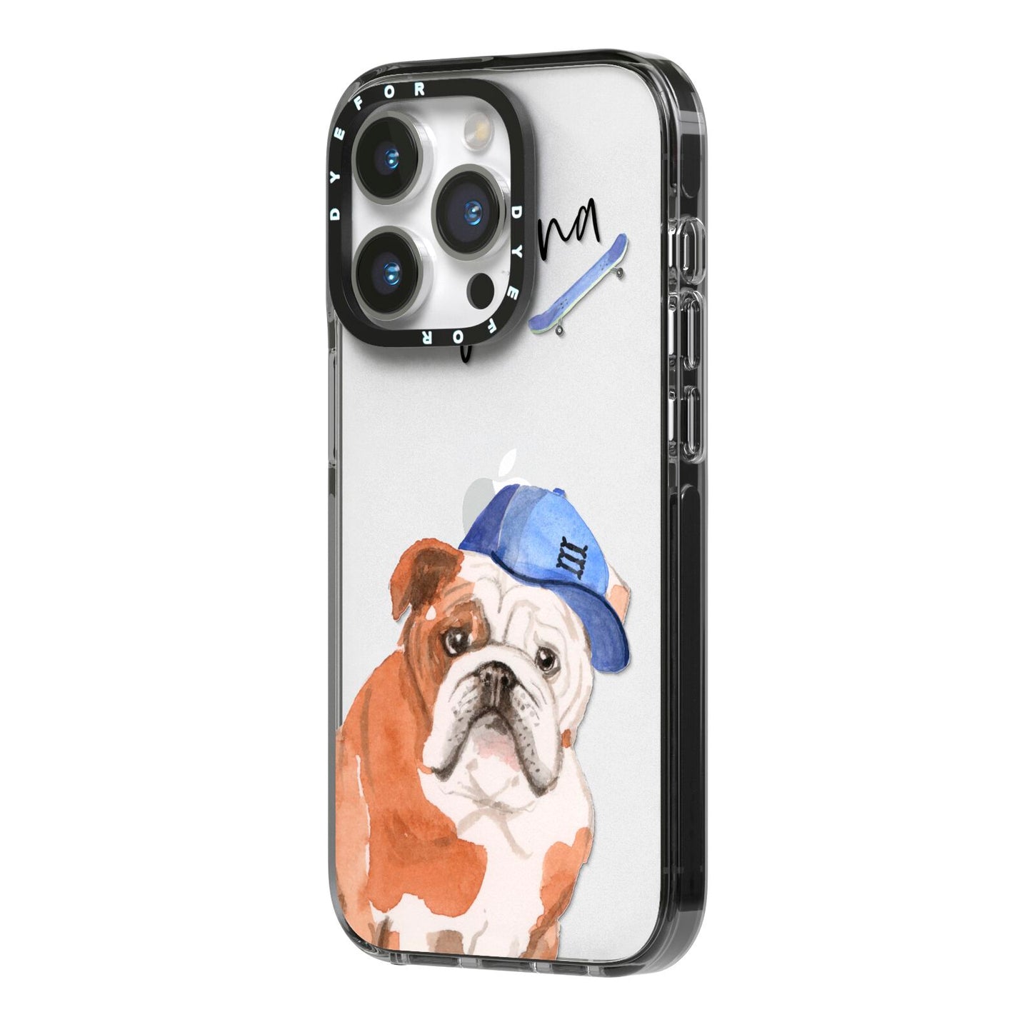 Personalised English Bulldog iPhone 14 Pro Black Impact Case Side Angle on Silver phone