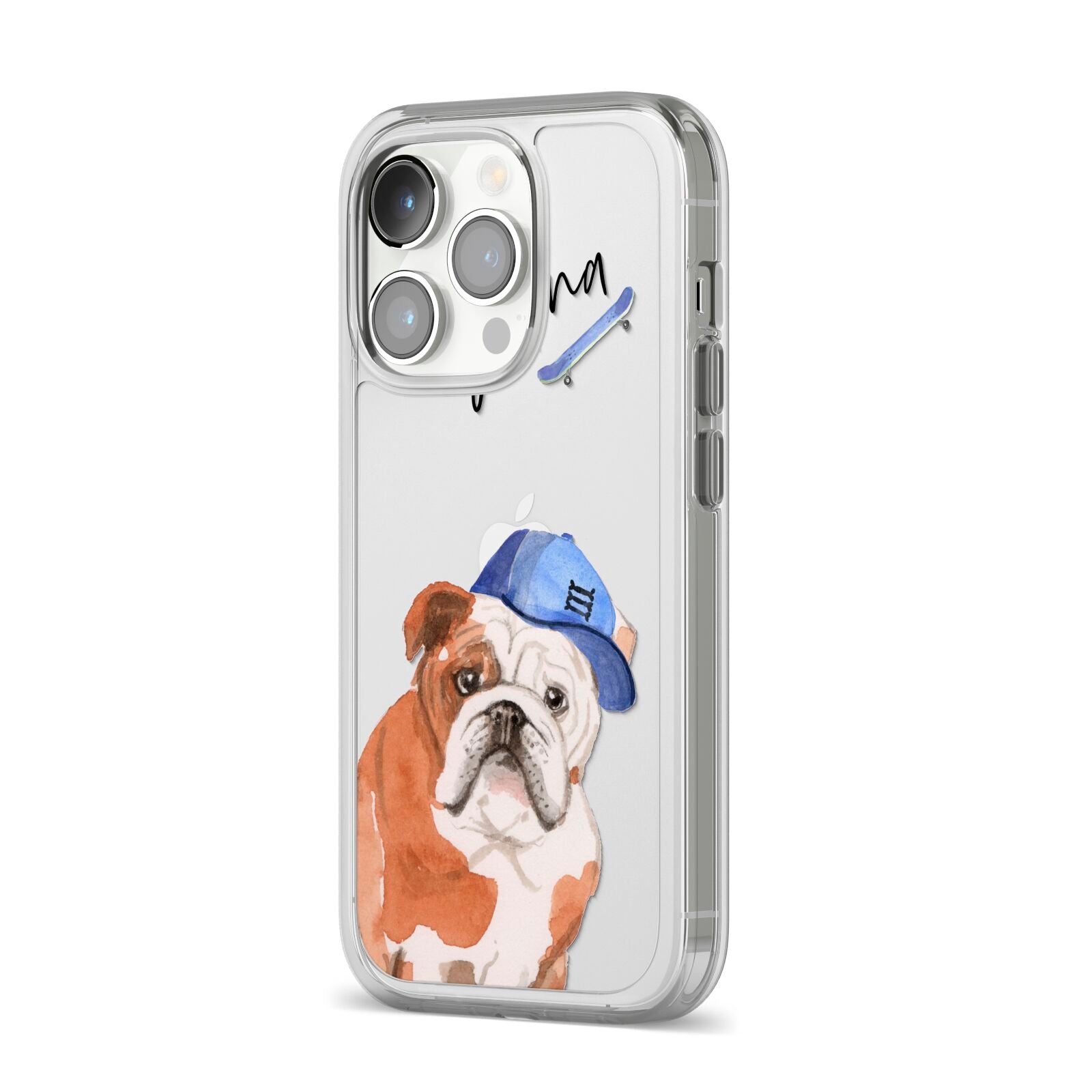 Personalised English Bulldog iPhone 14 Pro Clear Tough Case Silver Angled Image