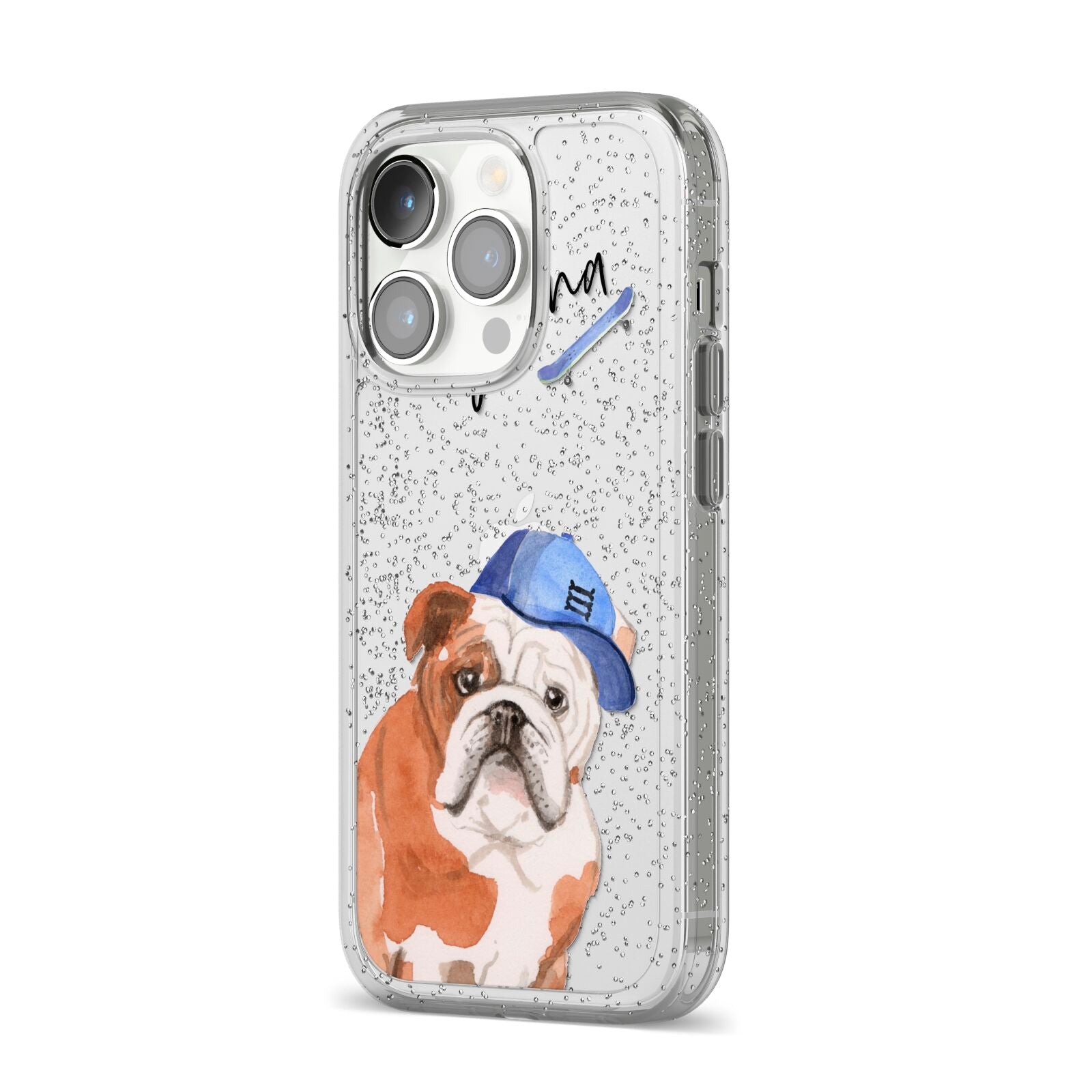 Personalised English Bulldog iPhone 14 Pro Glitter Tough Case Silver Angled Image
