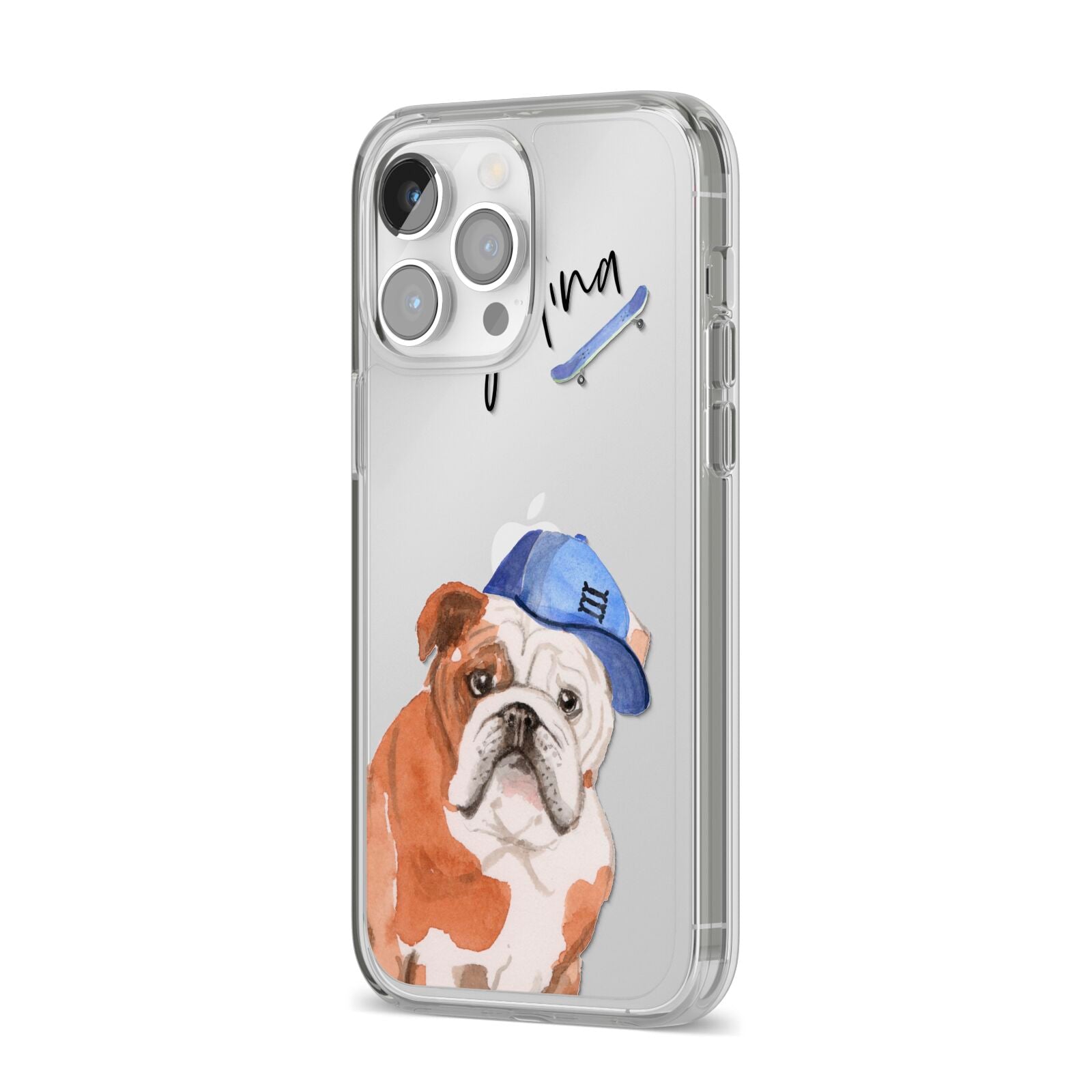 Personalised English Bulldog iPhone 14 Pro Max Clear Tough Case Silver Angled Image