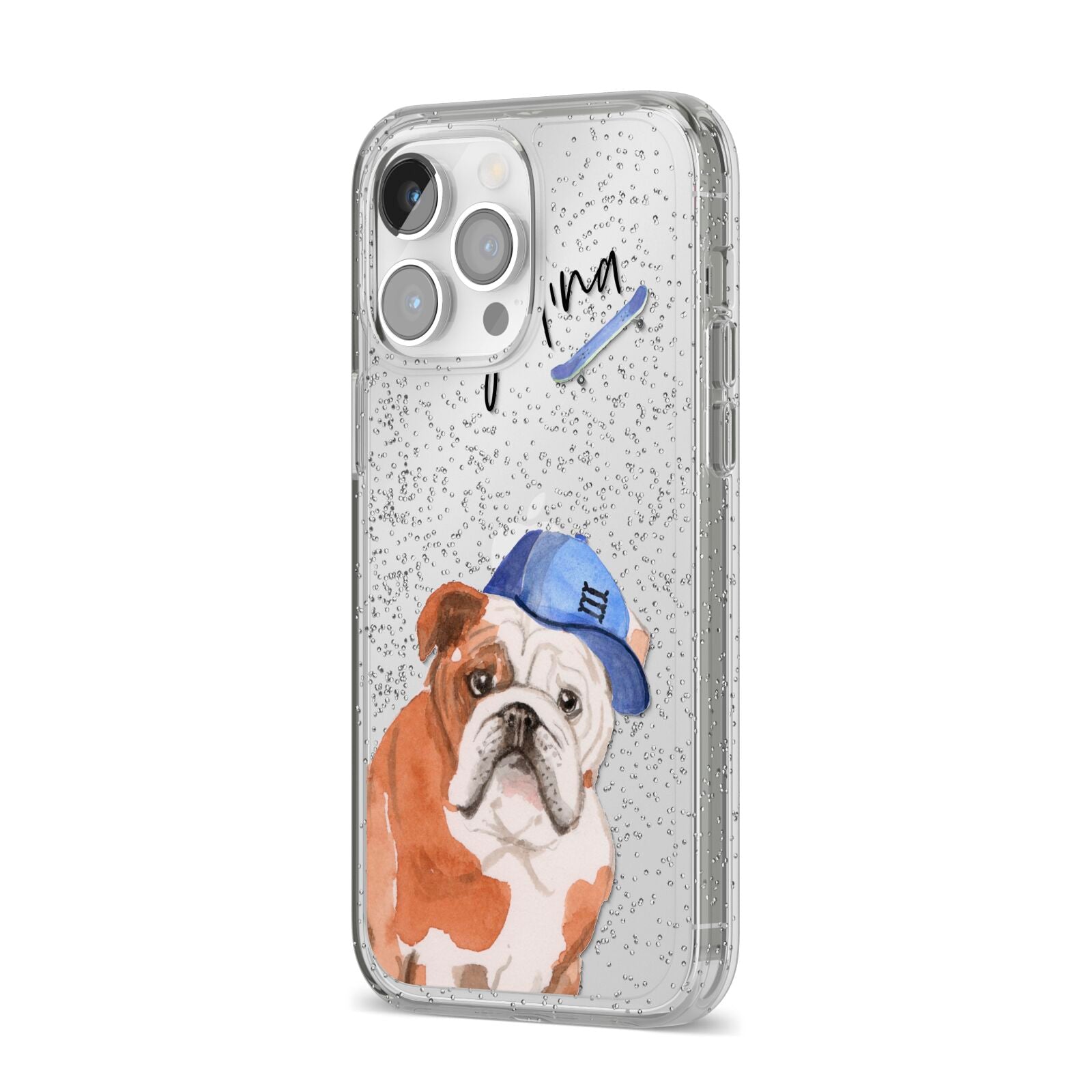 Personalised English Bulldog iPhone 14 Pro Max Glitter Tough Case Silver Angled Image