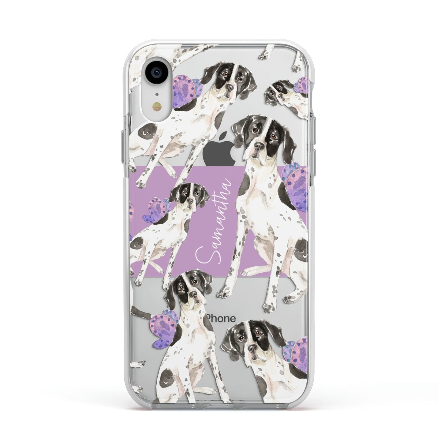 Personalised English Pointer Apple iPhone XR Impact Case White Edge on Silver Phone