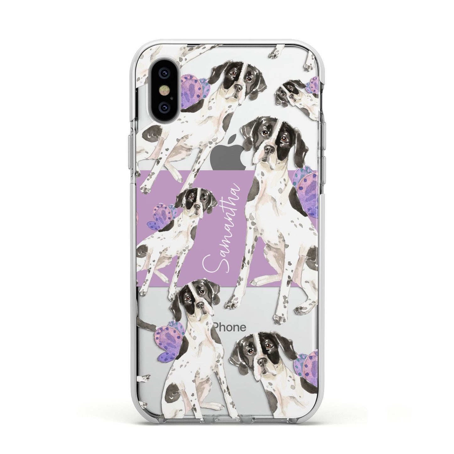 Personalised English Pointer Apple iPhone Xs Impact Case White Edge on Silver Phone