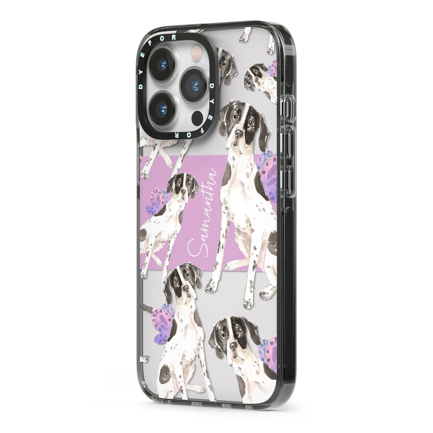 Personalised English Pointer iPhone 13 Pro Black Impact Case Side Angle on Silver phone