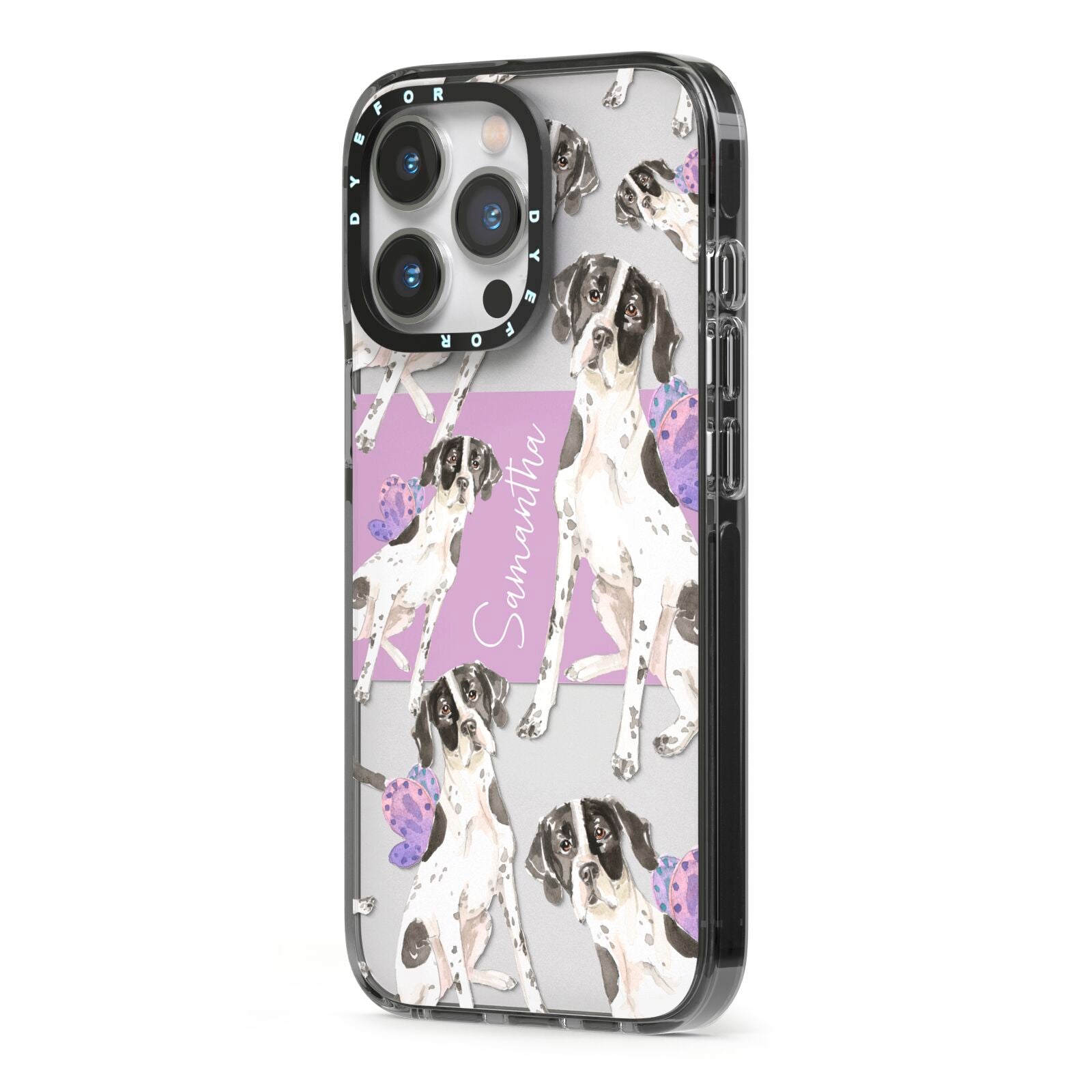 Personalised English Pointer iPhone 13 Pro Black Impact Case Side Angle on Silver phone