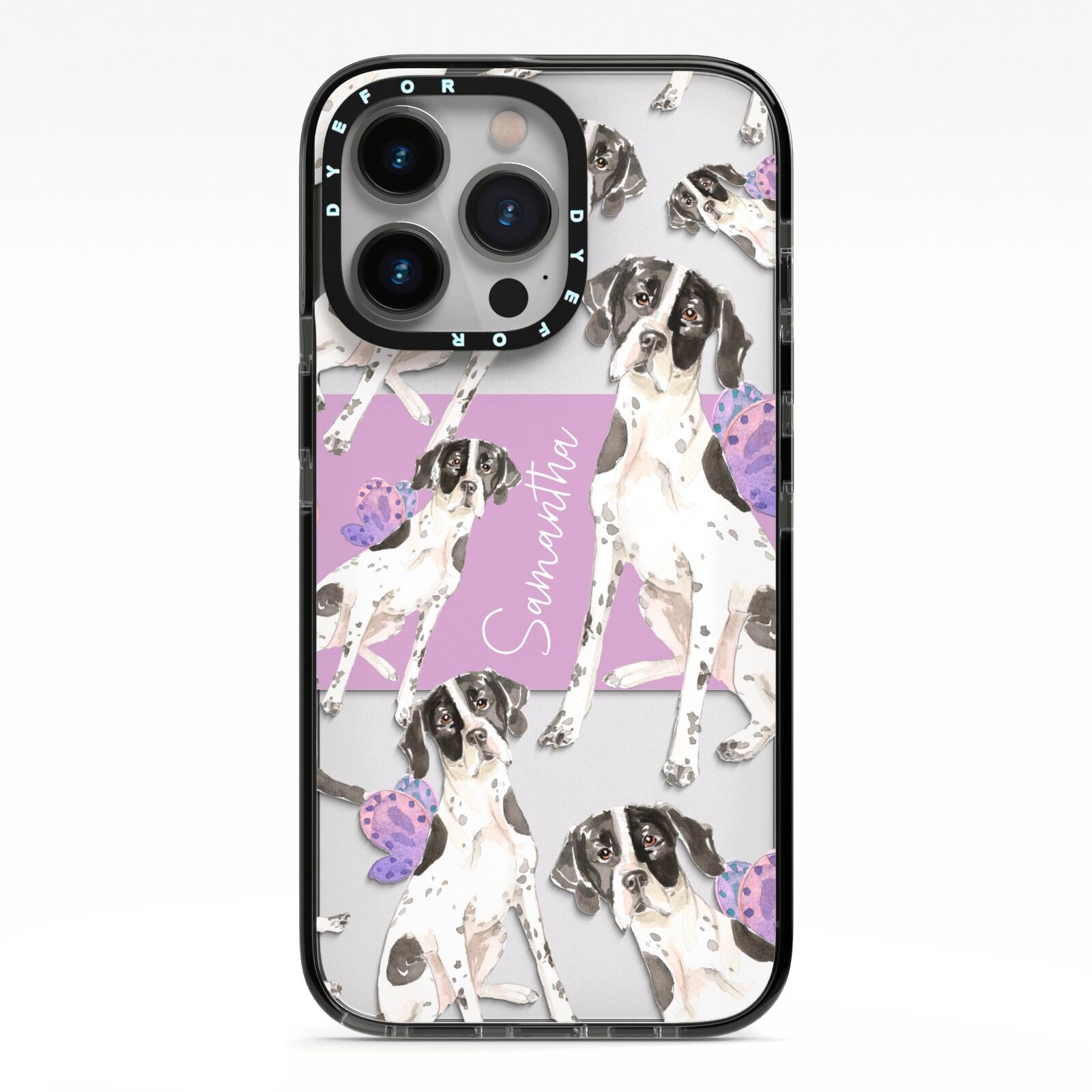 Personalised English Pointer iPhone 13 Pro Black Impact Case on Silver phone