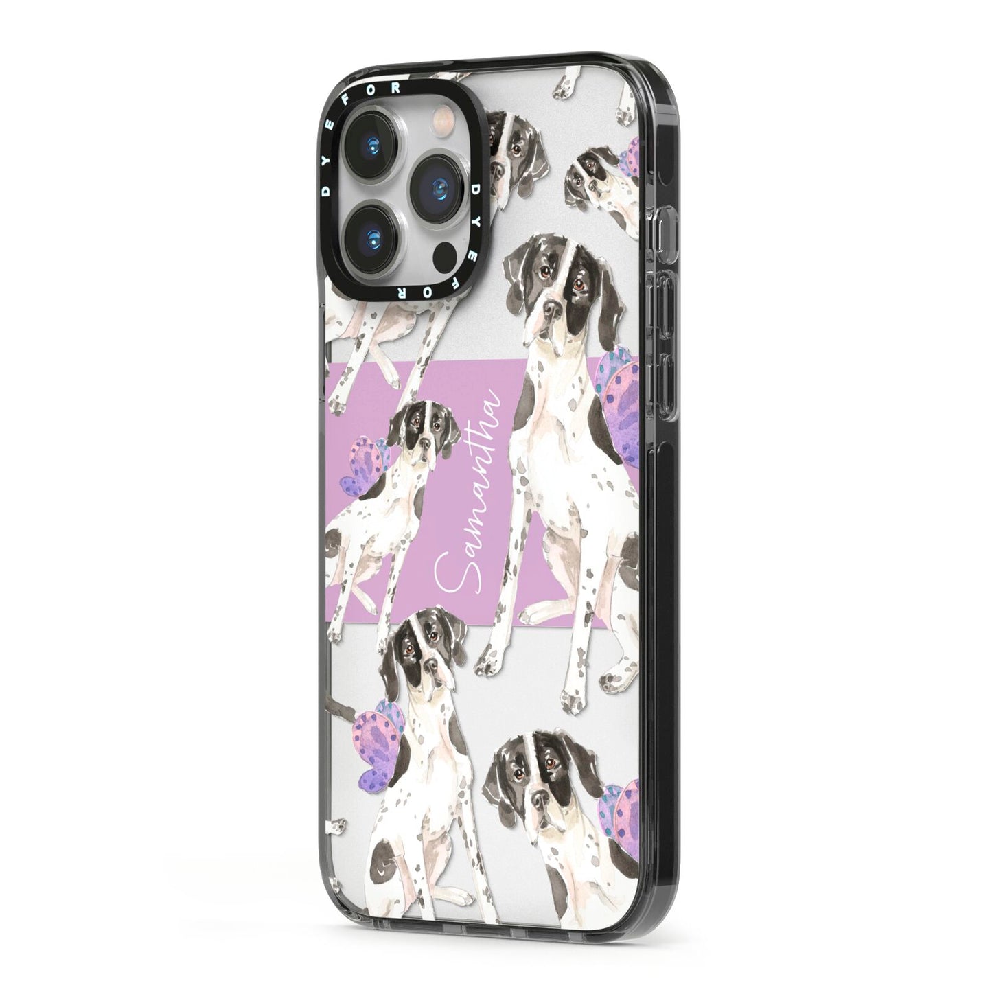 Personalised English Pointer iPhone 13 Pro Max Black Impact Case Side Angle on Silver phone