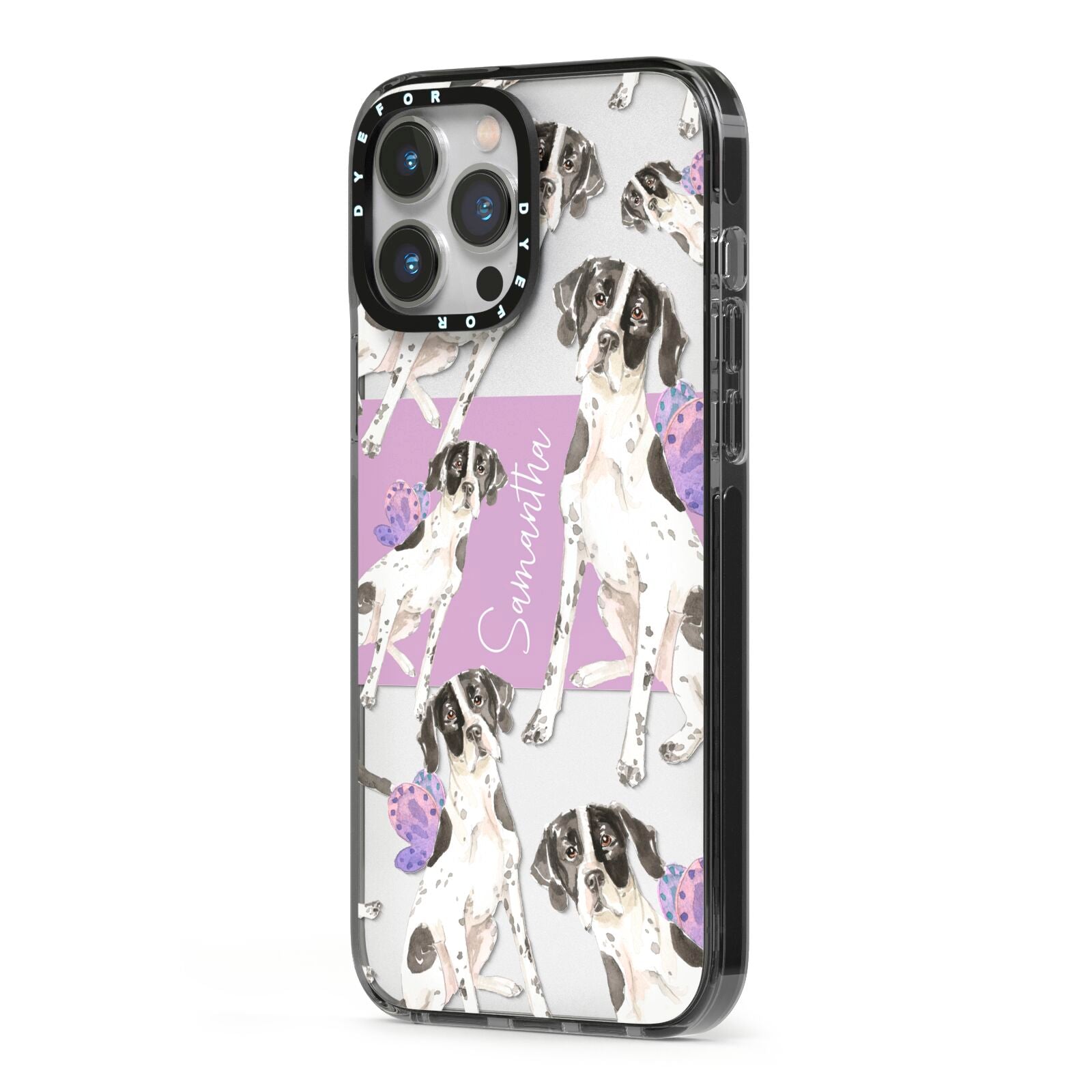Personalised English Pointer iPhone 13 Pro Max Black Impact Case Side Angle on Silver phone