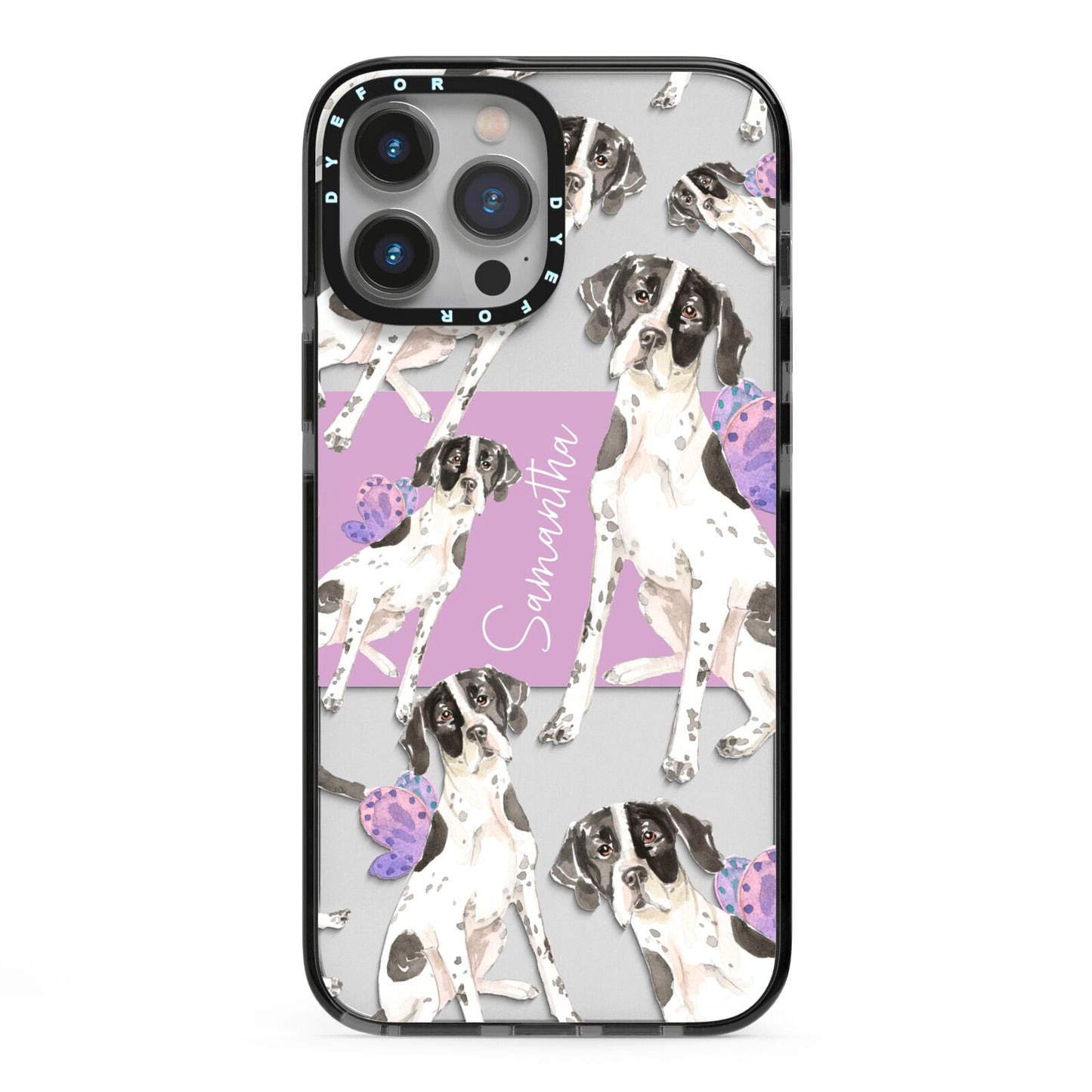 Personalised English Pointer iPhone 13 Pro Max Black Impact Case on Silver phone