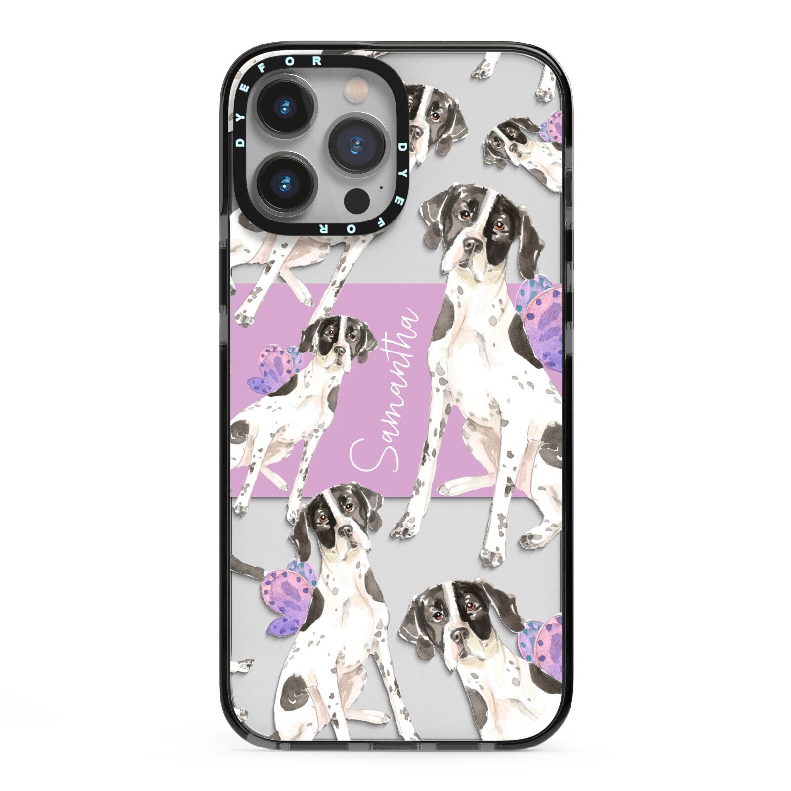 Personalised English Pointer iPhone 13 Pro Max Black Impact Case on Silver phone