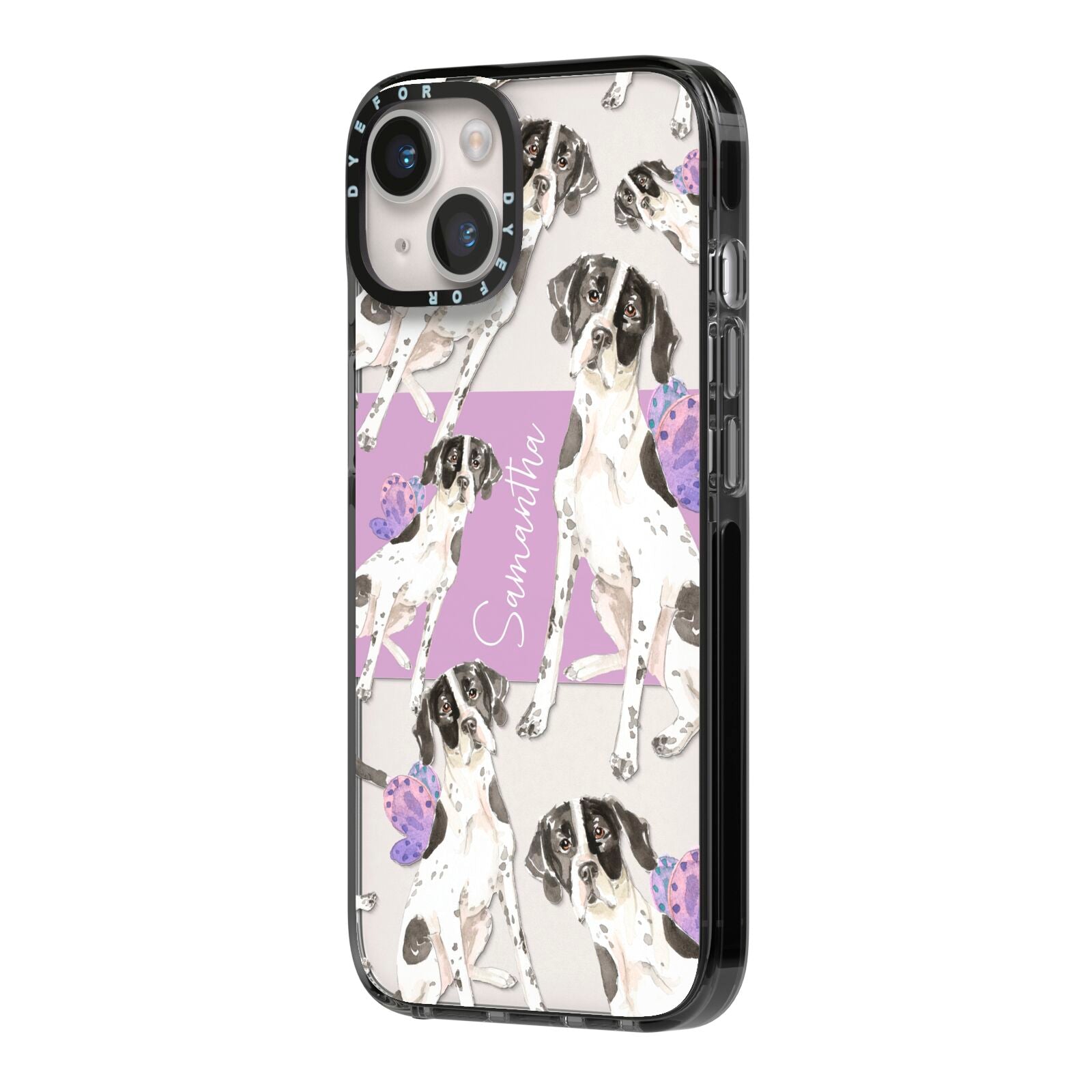 Personalised English Pointer iPhone 14 Black Impact Case Side Angle on Silver phone