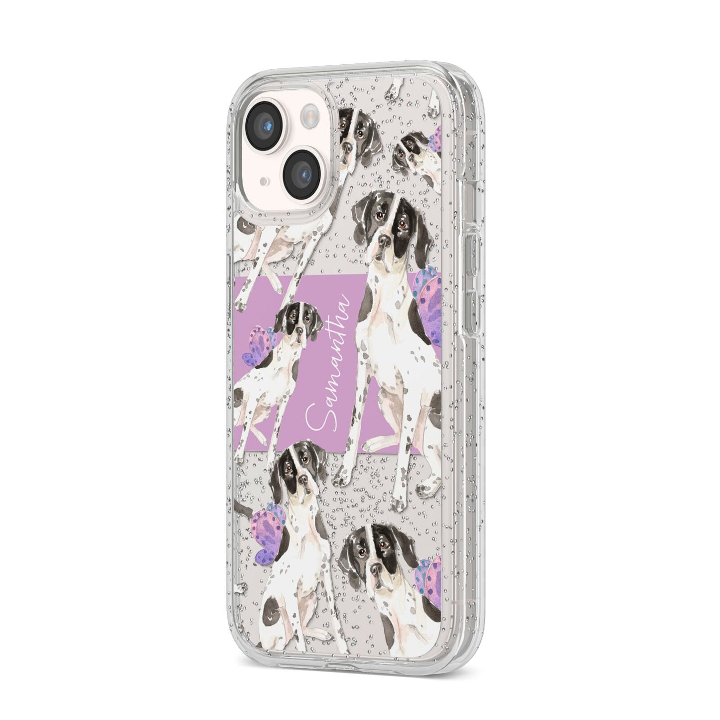 Personalised English Pointer iPhone 14 Glitter Tough Case Starlight Angled Image