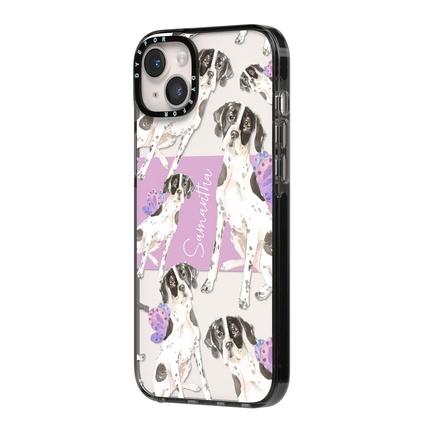 Personalised English Pointer iPhone 14 Plus Black Impact Case Side Angle on Silver phone