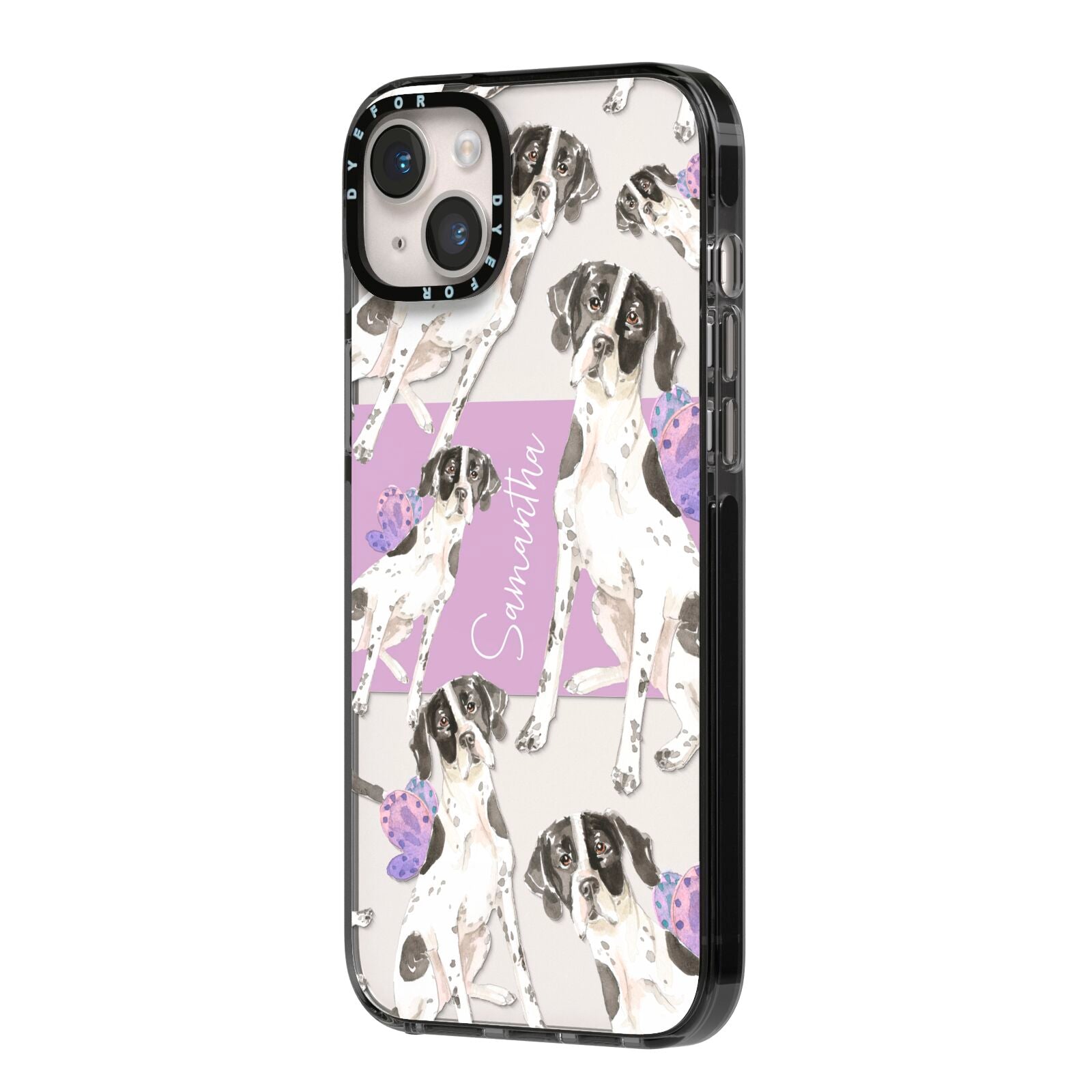 Personalised English Pointer iPhone 14 Plus Black Impact Case Side Angle on Silver phone