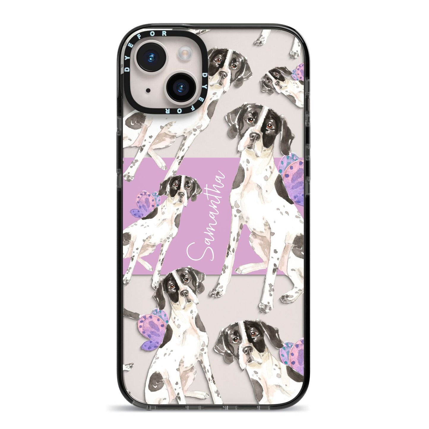Personalised English Pointer iPhone 14 Plus Black Impact Case on Silver phone