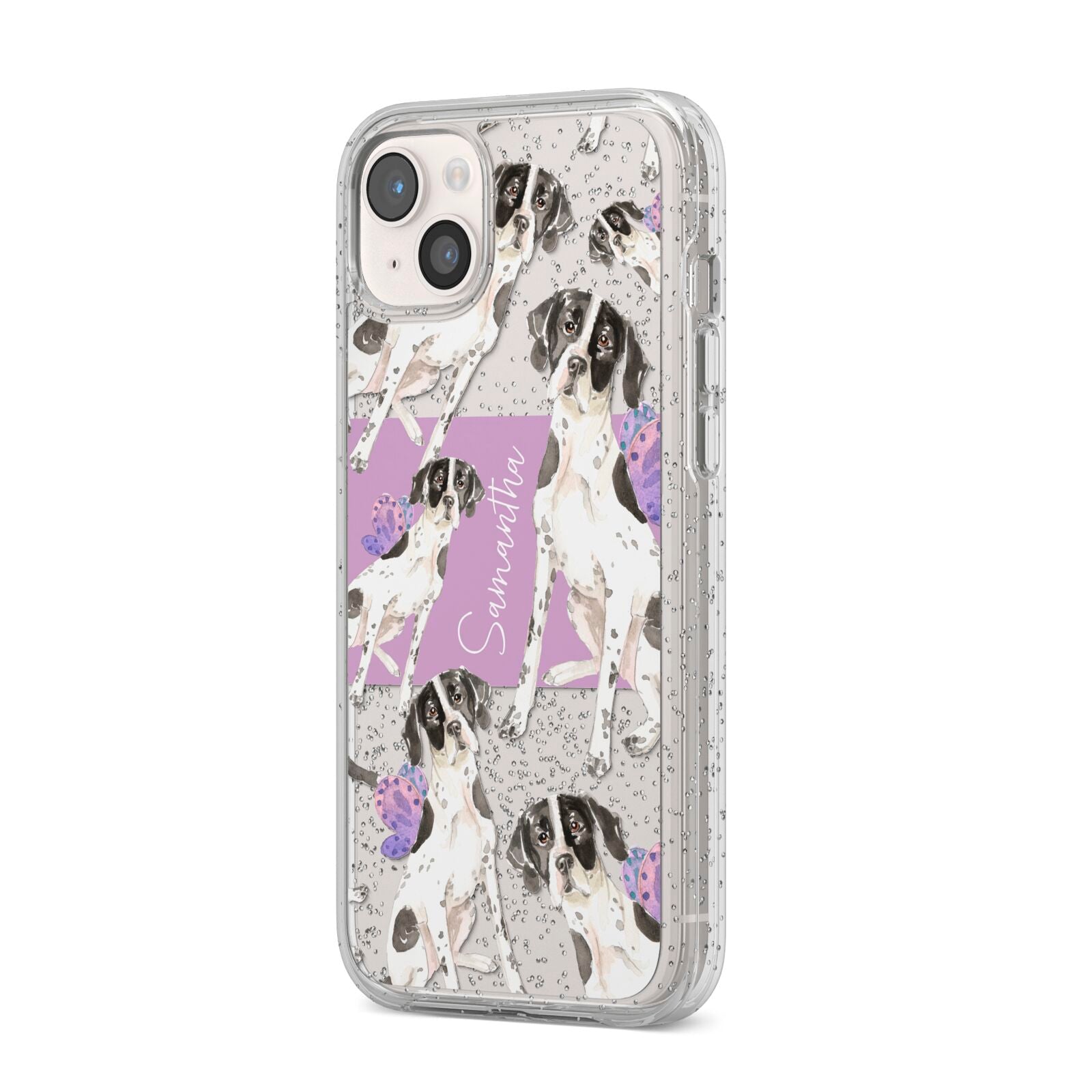 Personalised English Pointer iPhone 14 Plus Glitter Tough Case Starlight Angled Image