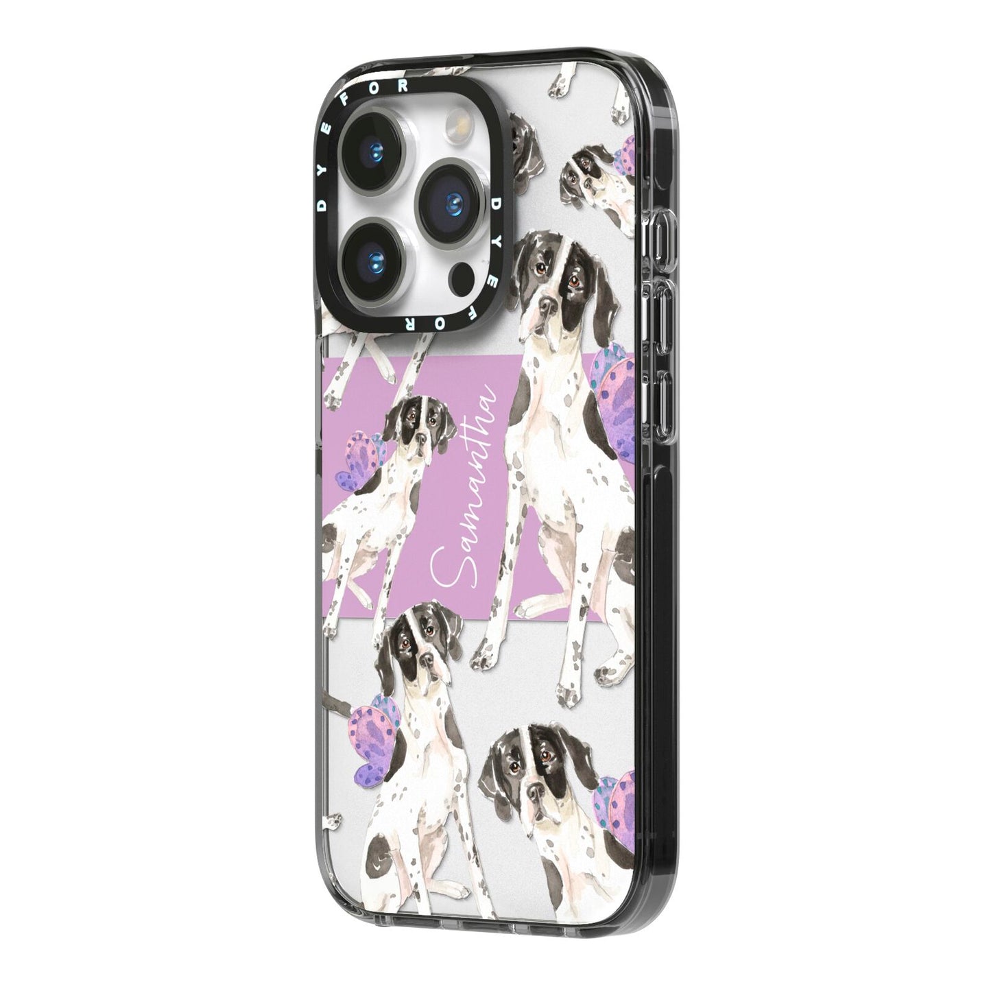 Personalised English Pointer iPhone 14 Pro Black Impact Case Side Angle on Silver phone
