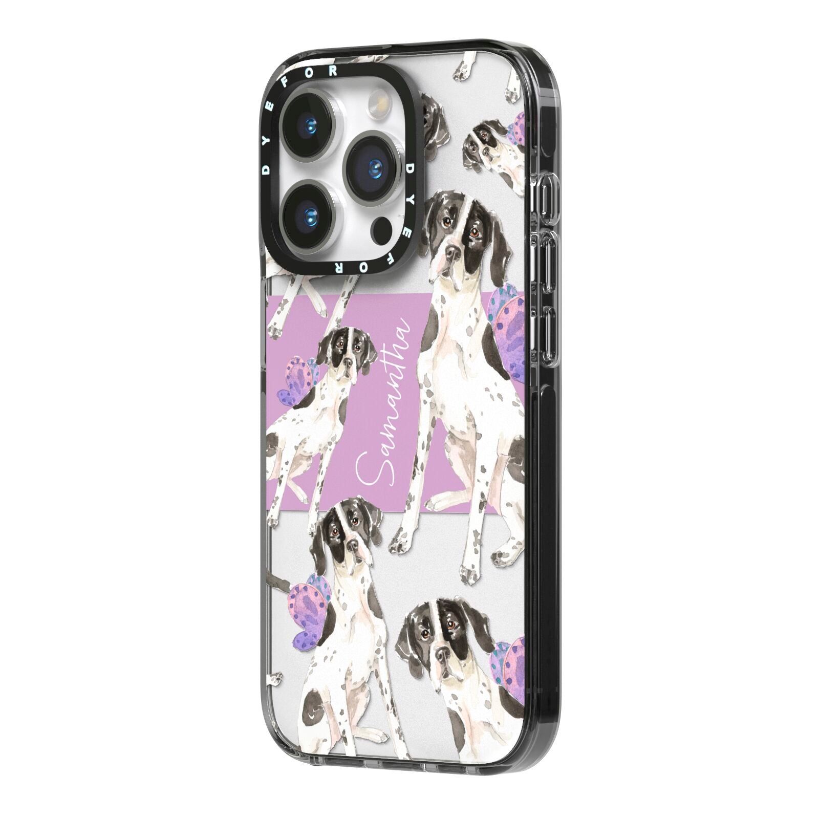 Personalised English Pointer iPhone 14 Pro Black Impact Case Side Angle on Silver phone
