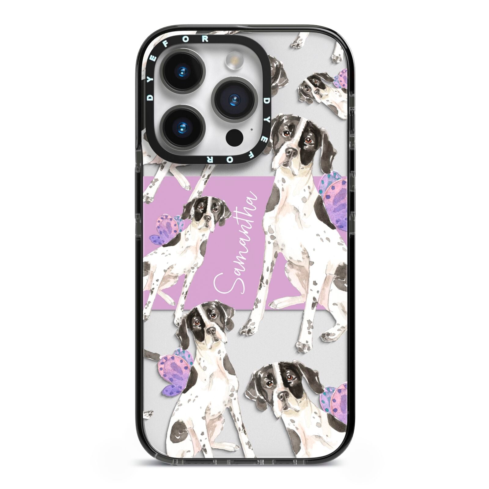 Personalised English Pointer iPhone 14 Pro Black Impact Case on Silver phone