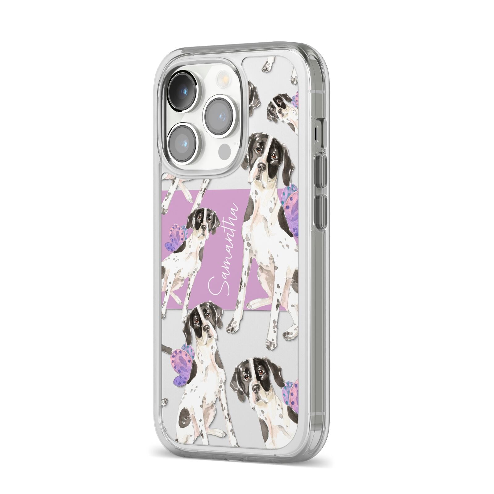 Personalised English Pointer iPhone 14 Pro Clear Tough Case Silver Angled Image