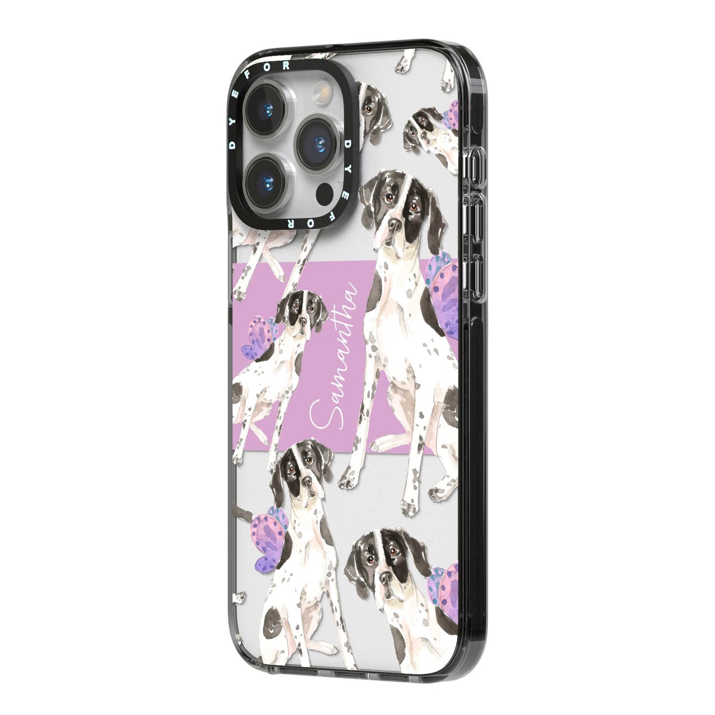 Personalised English Pointer iPhone 14 Pro Max Black Impact Case Side Angle on Silver phone