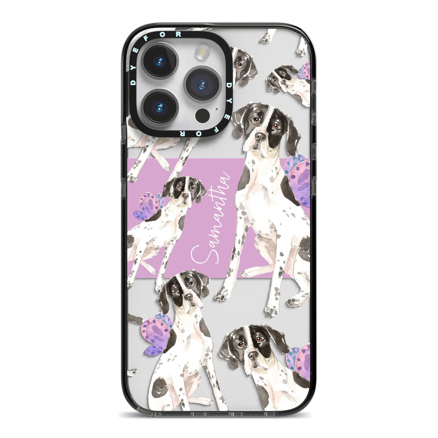Personalised English Pointer iPhone 14 Pro Max Black Impact Case on Silver phone