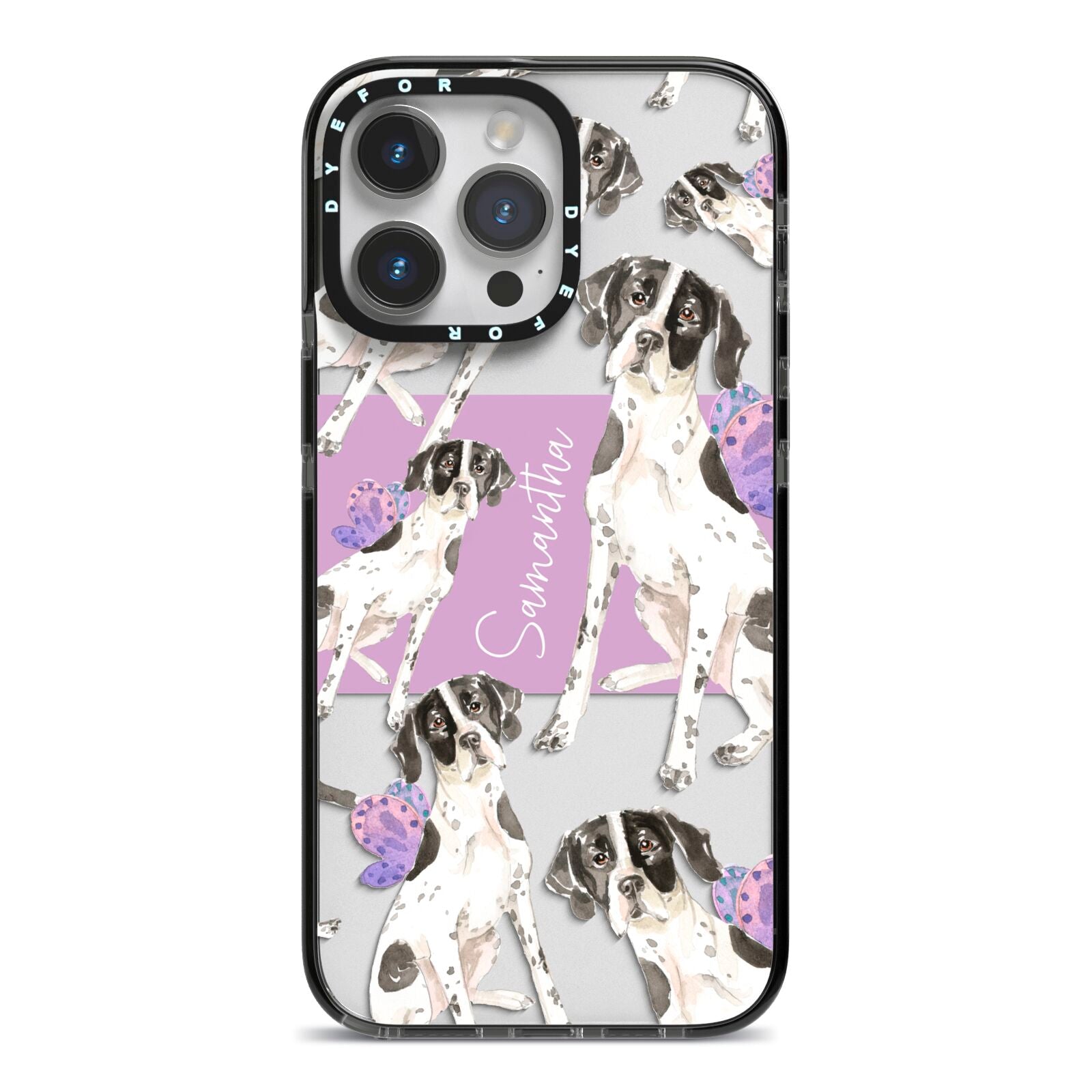 Personalised English Pointer iPhone 14 Pro Max Black Impact Case on Silver phone