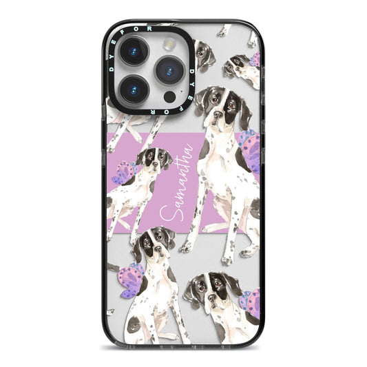 Personalised English Pointer iPhone 14 Pro Max Black Impact Case on Silver phone