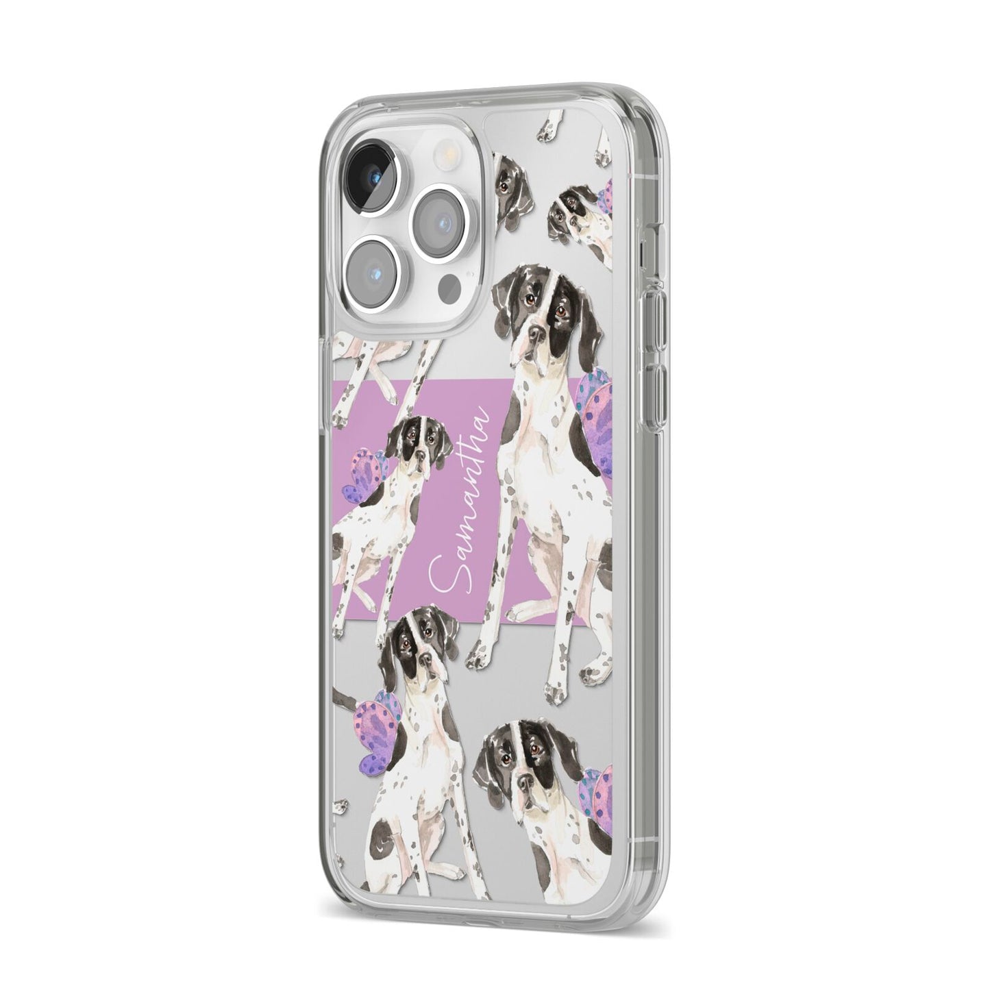 Personalised English Pointer iPhone 14 Pro Max Clear Tough Case Silver Angled Image