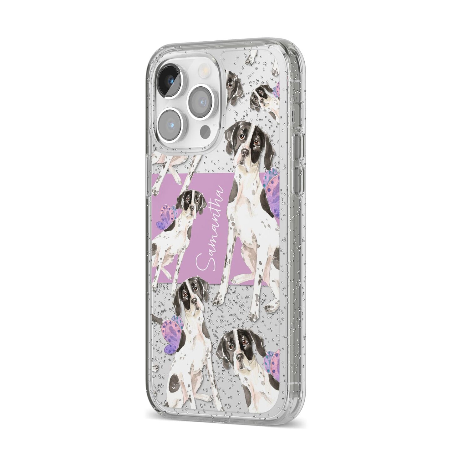 Personalised English Pointer iPhone 14 Pro Max Glitter Tough Case Silver Angled Image