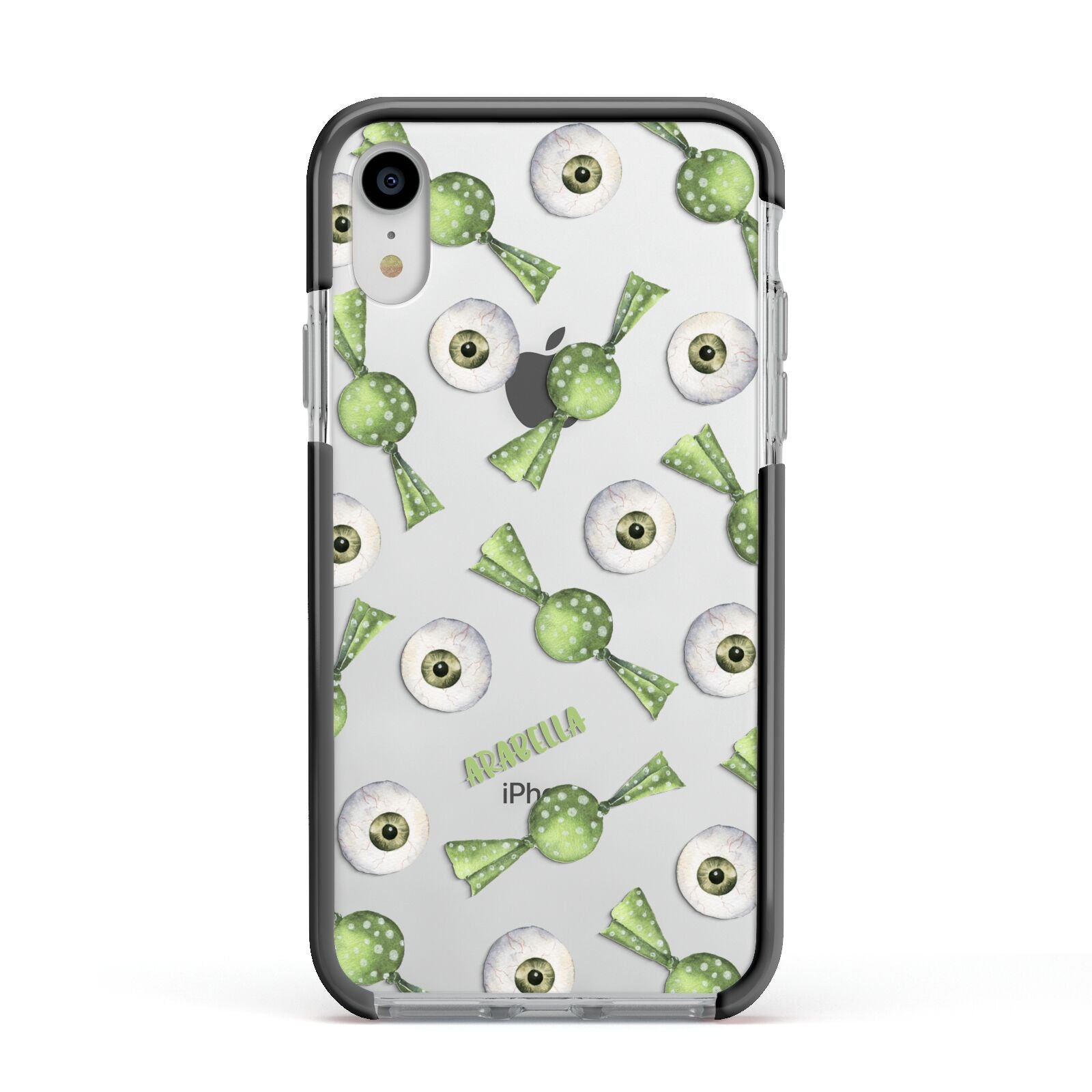 Personalised Eye Candy Halloween Apple iPhone XR Impact Case Black Edge on Silver Phone