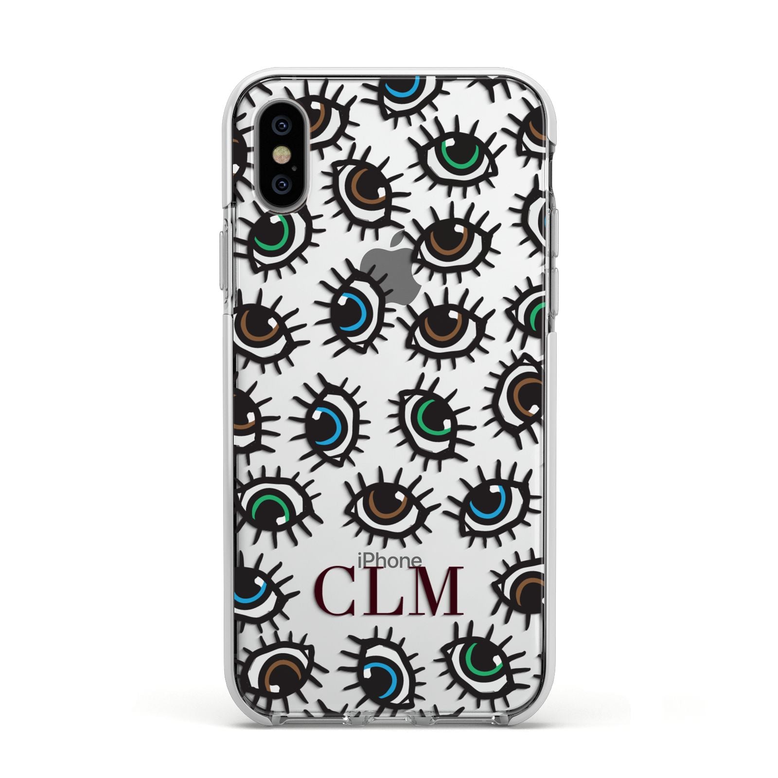 Personalised Eyes Initials Clear Apple iPhone Xs Impact Case White Edge on Silver Phone