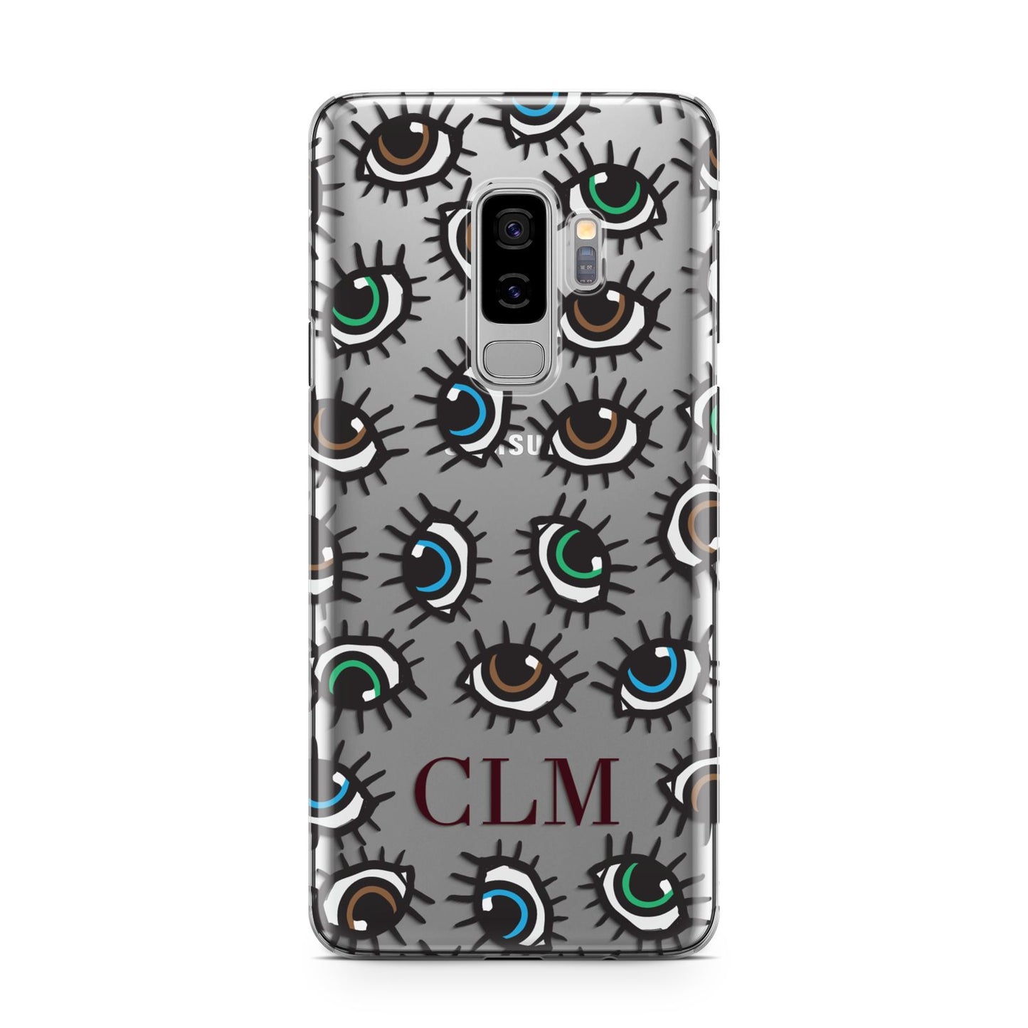 Personalised Eyes Initials Clear Samsung Galaxy S9 Plus Case on Silver phone
