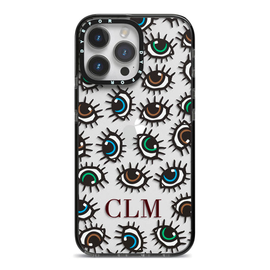 Personalised Eyes Initials Clear iPhone 14 Pro Max Black Impact Case on Silver phone
