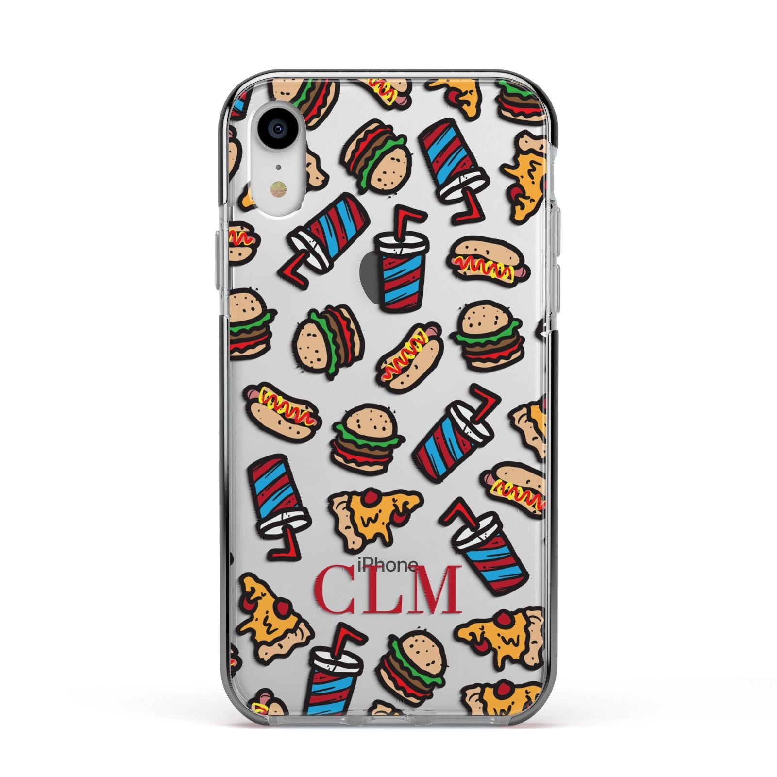 Personalised Fast Food Initials Apple iPhone XR Impact Case Black Edge on Silver Phone