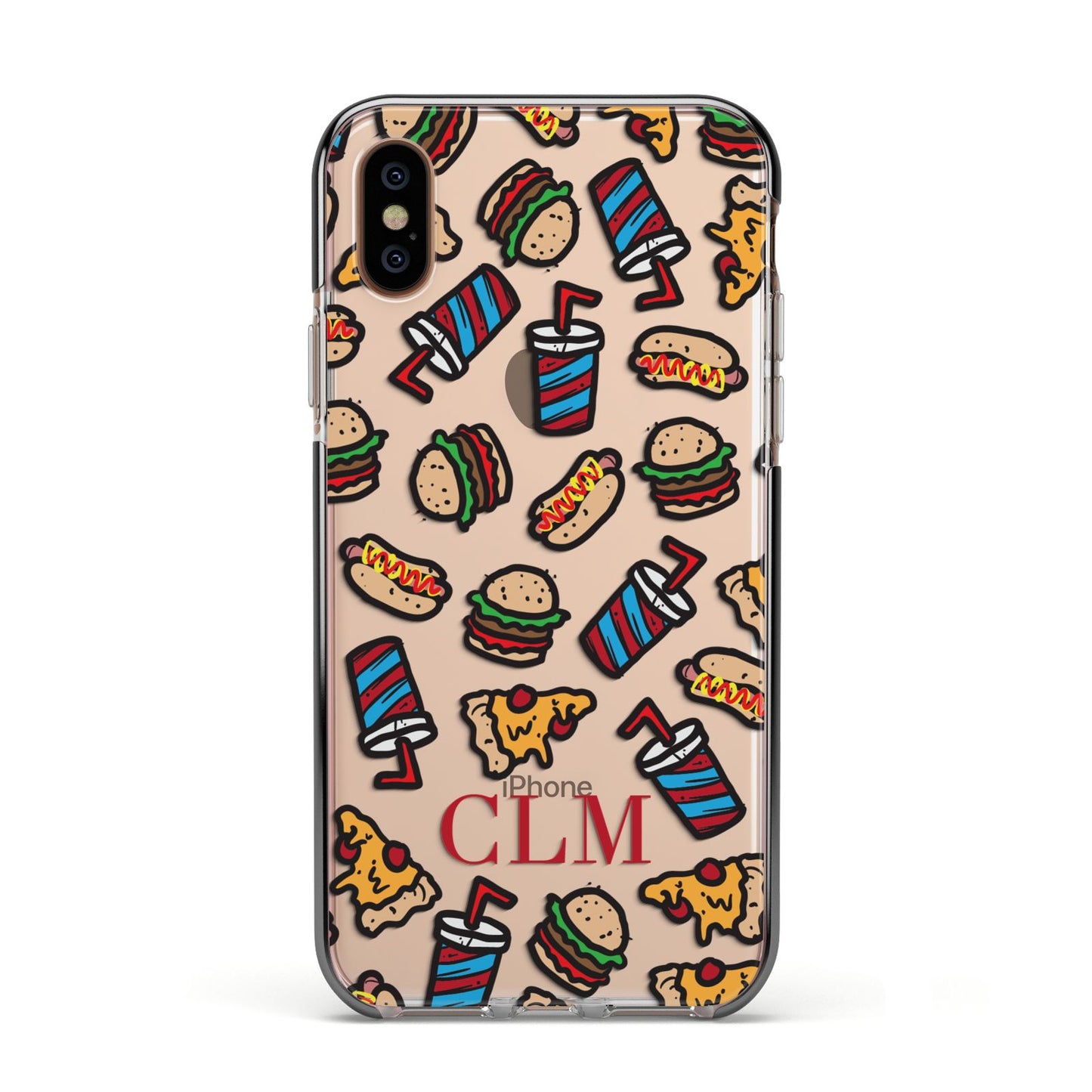 Personalised Fast Food Initials Apple iPhone Xs Impact Case Black Edge on Gold Phone