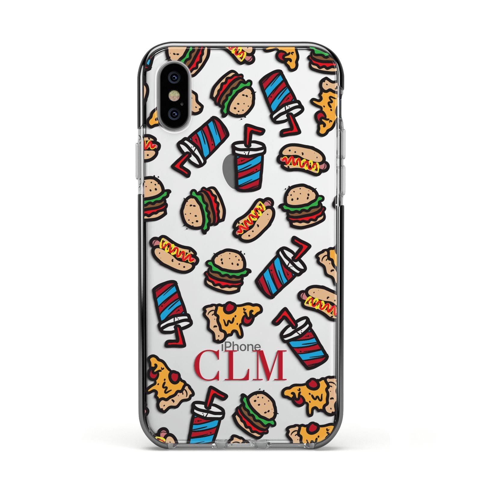 Personalised Fast Food Initials Apple iPhone Xs Impact Case Black Edge on Silver Phone