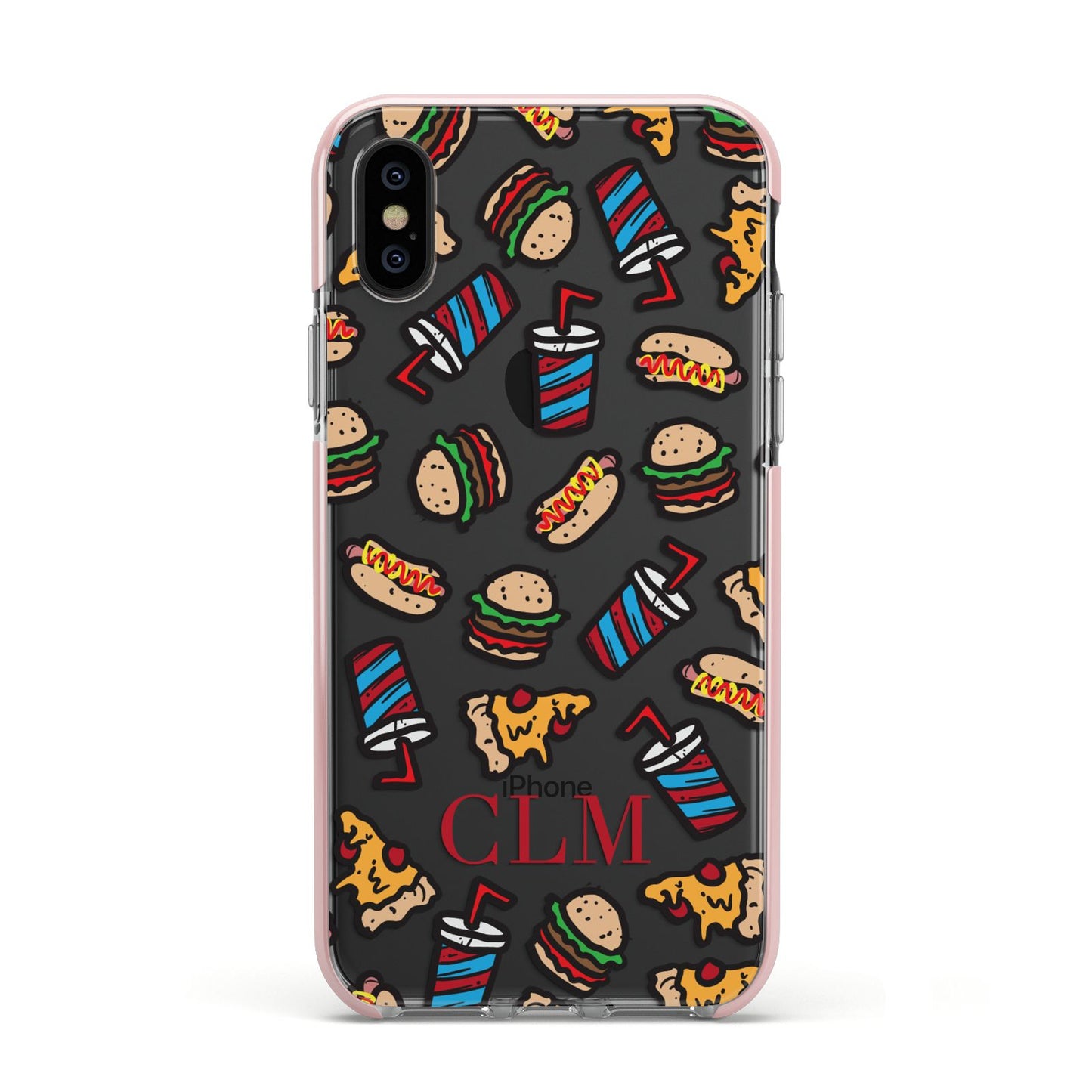Personalised Fast Food Initials Apple iPhone Xs Impact Case Pink Edge on Black Phone