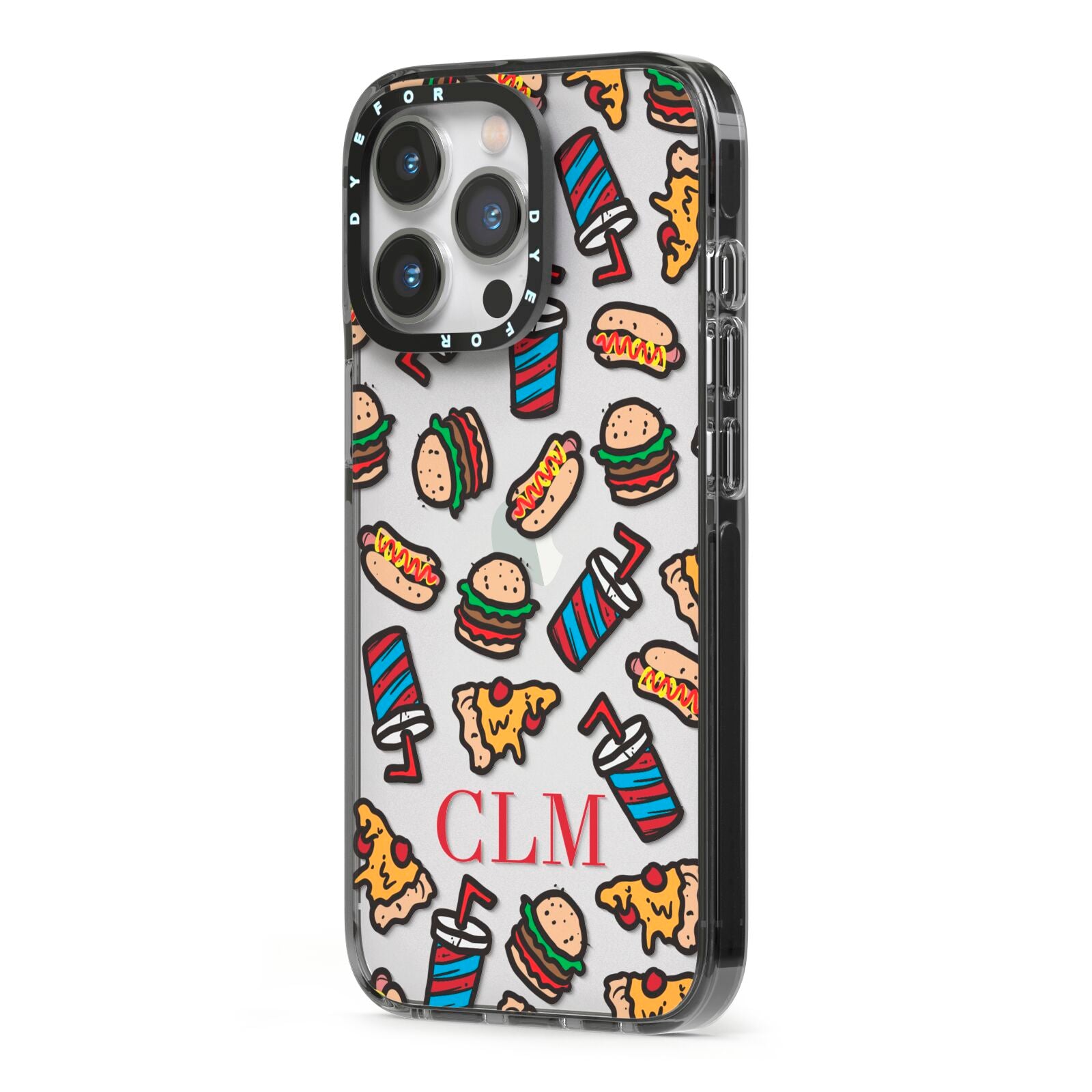 Personalised Fast Food Initials iPhone 13 Pro Black Impact Case Side Angle on Silver phone