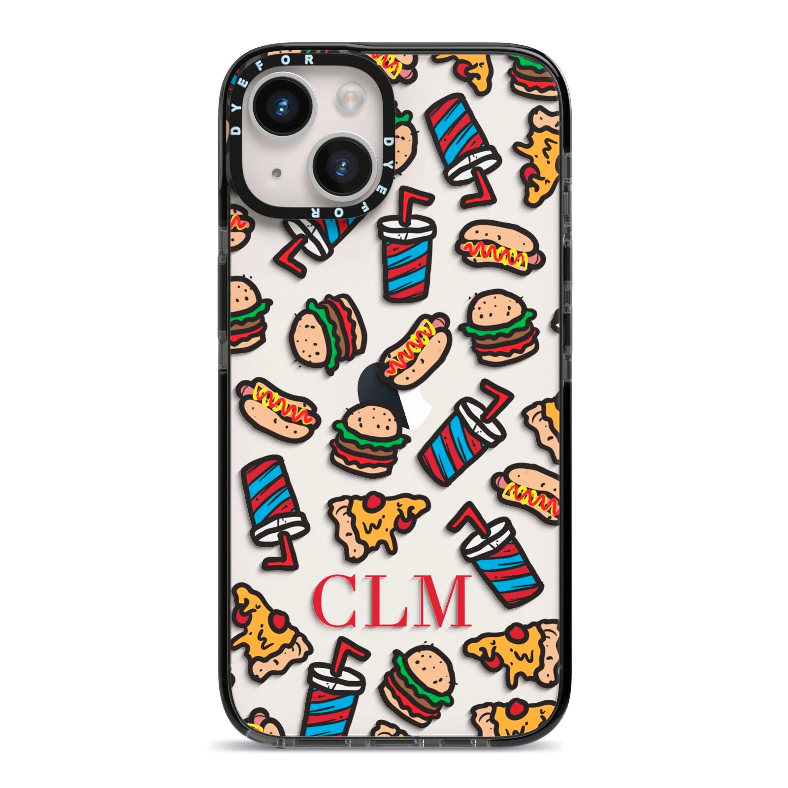 Personalised Fast Food Initials iPhone 14 Black Impact Case on Silver phone