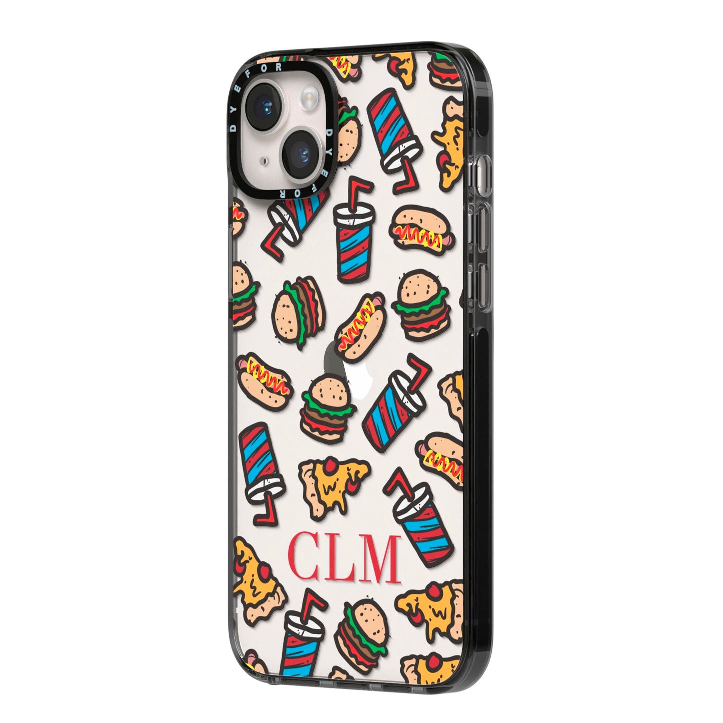Personalised Fast Food Initials iPhone 14 Plus Black Impact Case Side Angle on Silver phone