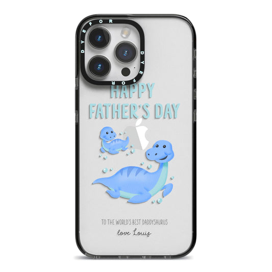 Personalised Fathers Day Dinosaur iPhone 14 Pro Max Black Impact Case on Silver phone