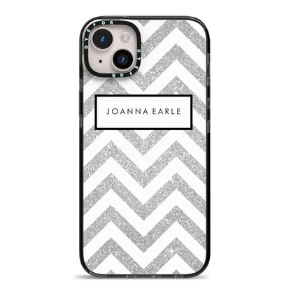 Personalised Faux Glitter Custom Name Initials iPhone 14 Plus Black Impact Case on Silver phone