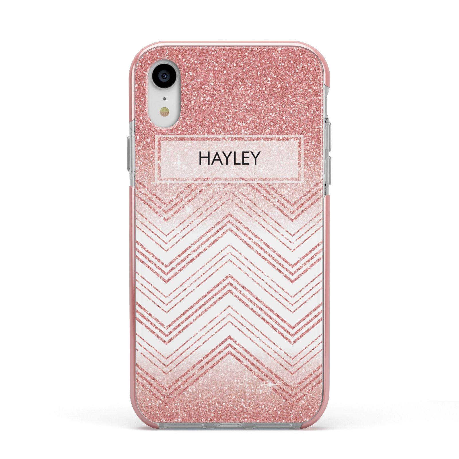 Personalised Faux Glitter Effect Name Initials Apple iPhone XR Impact Case Pink Edge on Silver Phone