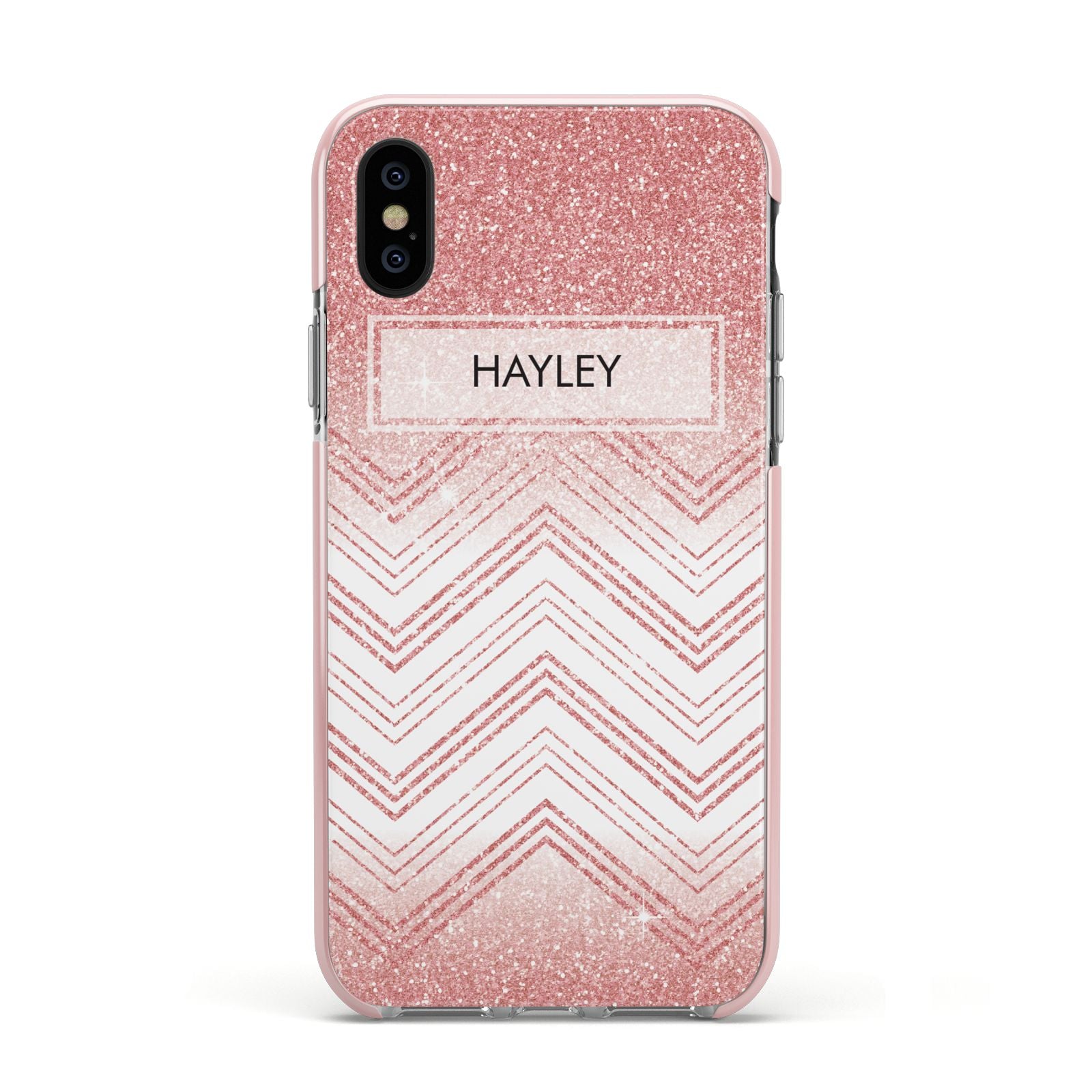 Personalised Faux Glitter Effect Name Initials Apple iPhone Xs Impact Case Pink Edge on Black Phone