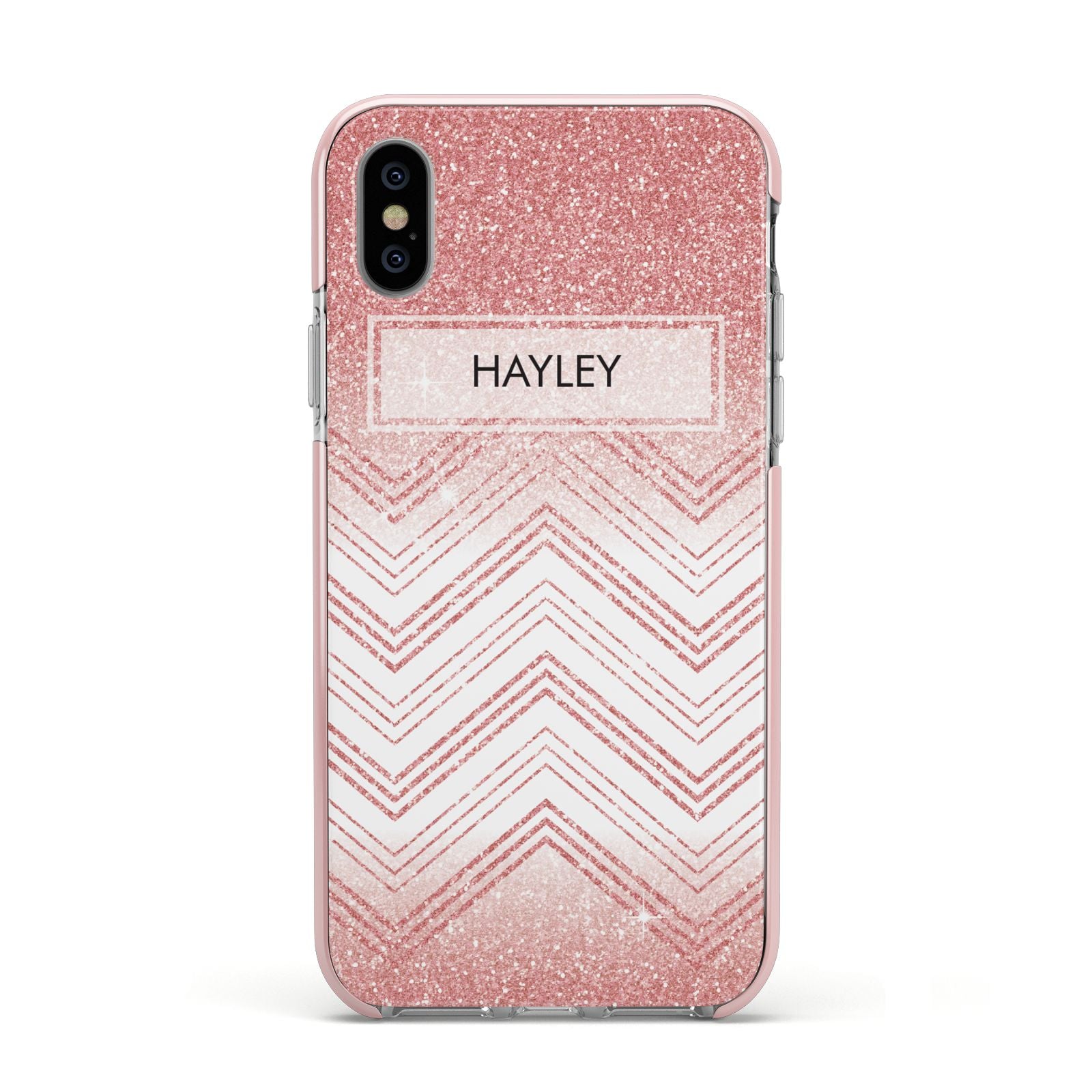 Personalised Faux Glitter Effect Name Initials Apple iPhone Xs Impact Case Pink Edge on Silver Phone